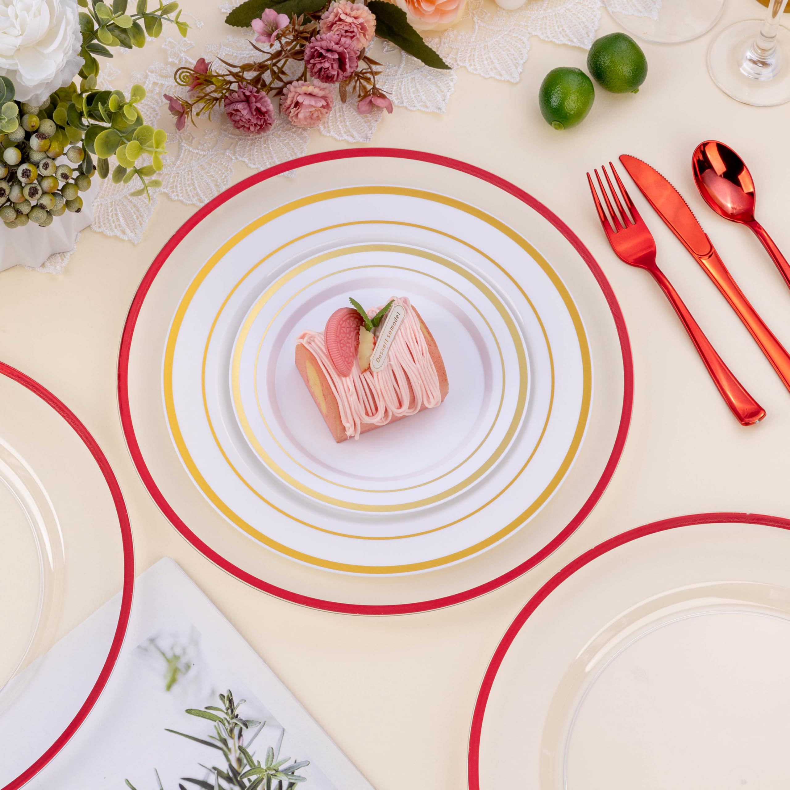 12 Inch Disposable Plastic Charger Plates - 15 Pack Clear Dinner Plates with Elegant Red Rim - Perfect for Weddings, Parties, Banquets & Formal Dining Events - Elegant Table Decor for Special Occasions