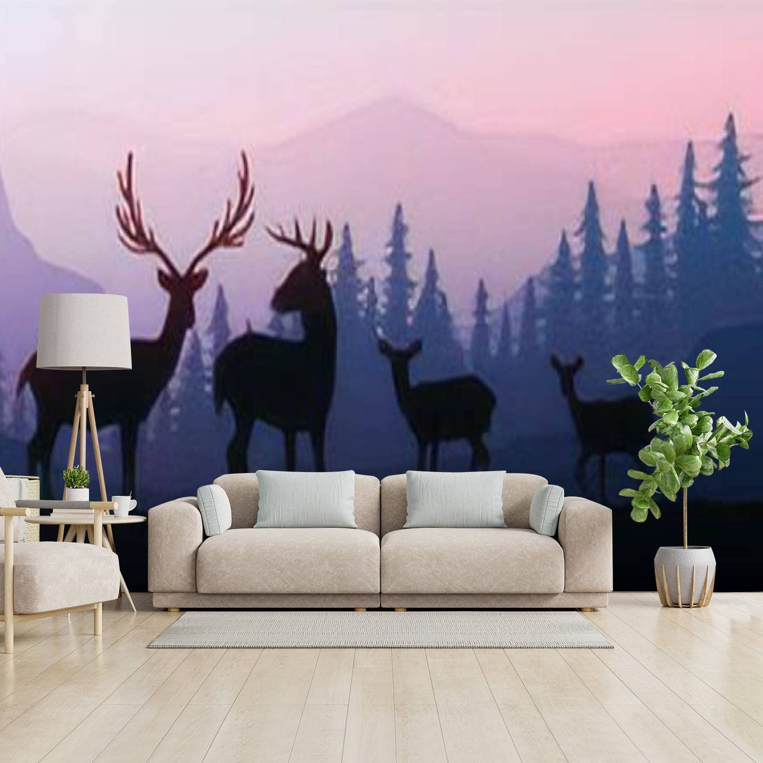 3D Removable Peel and Stick Wallpaper - Herd of Deer in Natural Forest, Wild Animals & Mountain Horizon Wall Mural for Living Room, Bedroom, Nursery, Office | Easy DIY Home Decor & Wall Stickers for Renters