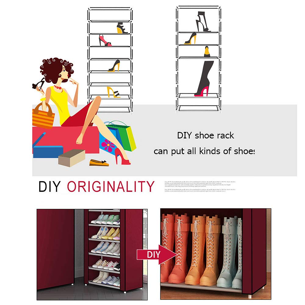 10-Tier Shoe Rack Organizer with Dustproof Cover - Space Saving Stackable Shoe Storage Cabinet for Closet, Entryway & Bedroom - Non-Woven Fabric Shoe Shelf Tower (Rose Red)