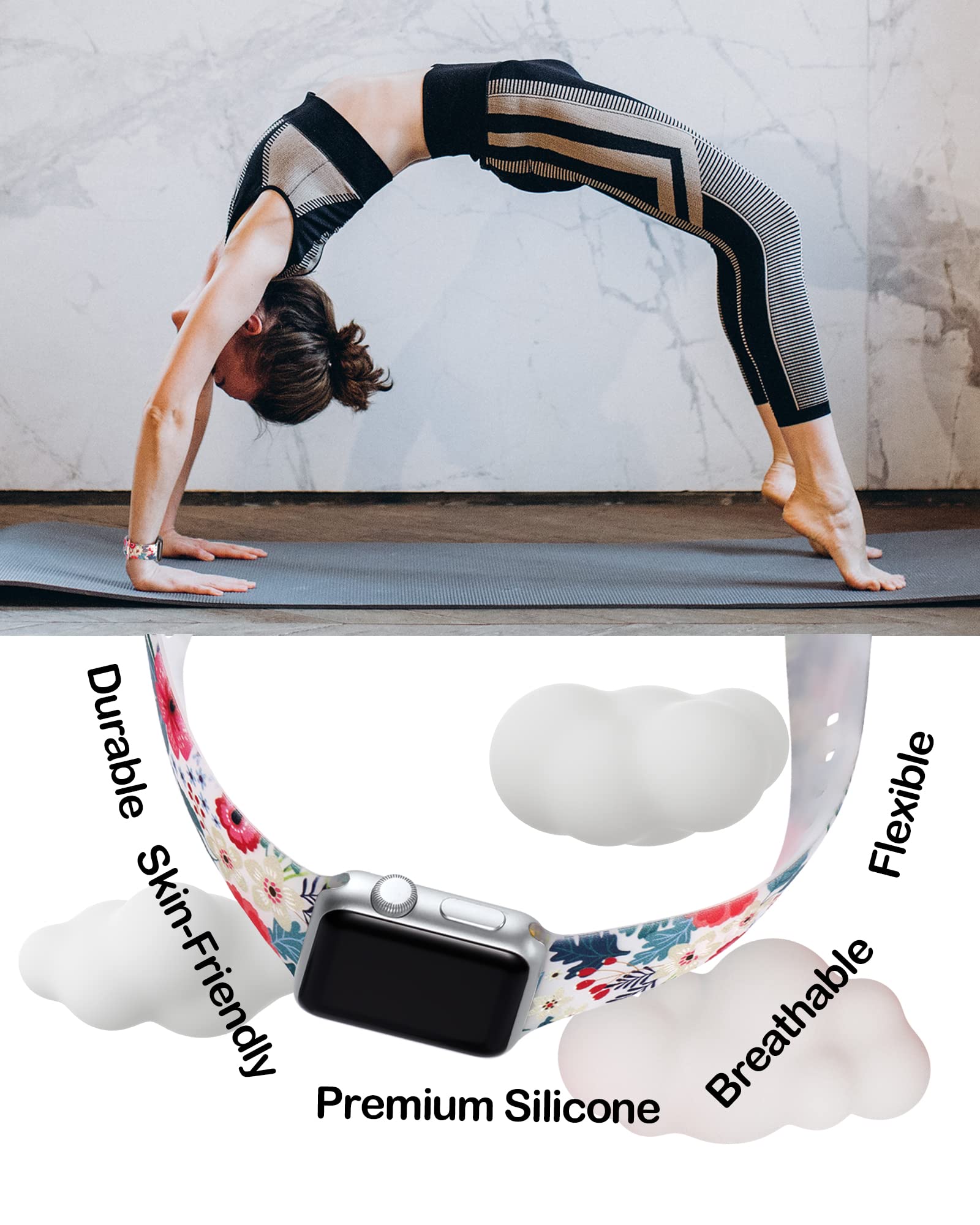 Witzon Cute Transparent Apple Watch Bands 38mm 40mm 42mm 44mm 45mm - Soft Silicone Sport Strap Replacement for iWatch Series 7/6/5/4/3/2/1/SE - Pink Palm Leaves Design for Women - Perfect for Workouts, Running & Everyday Wear