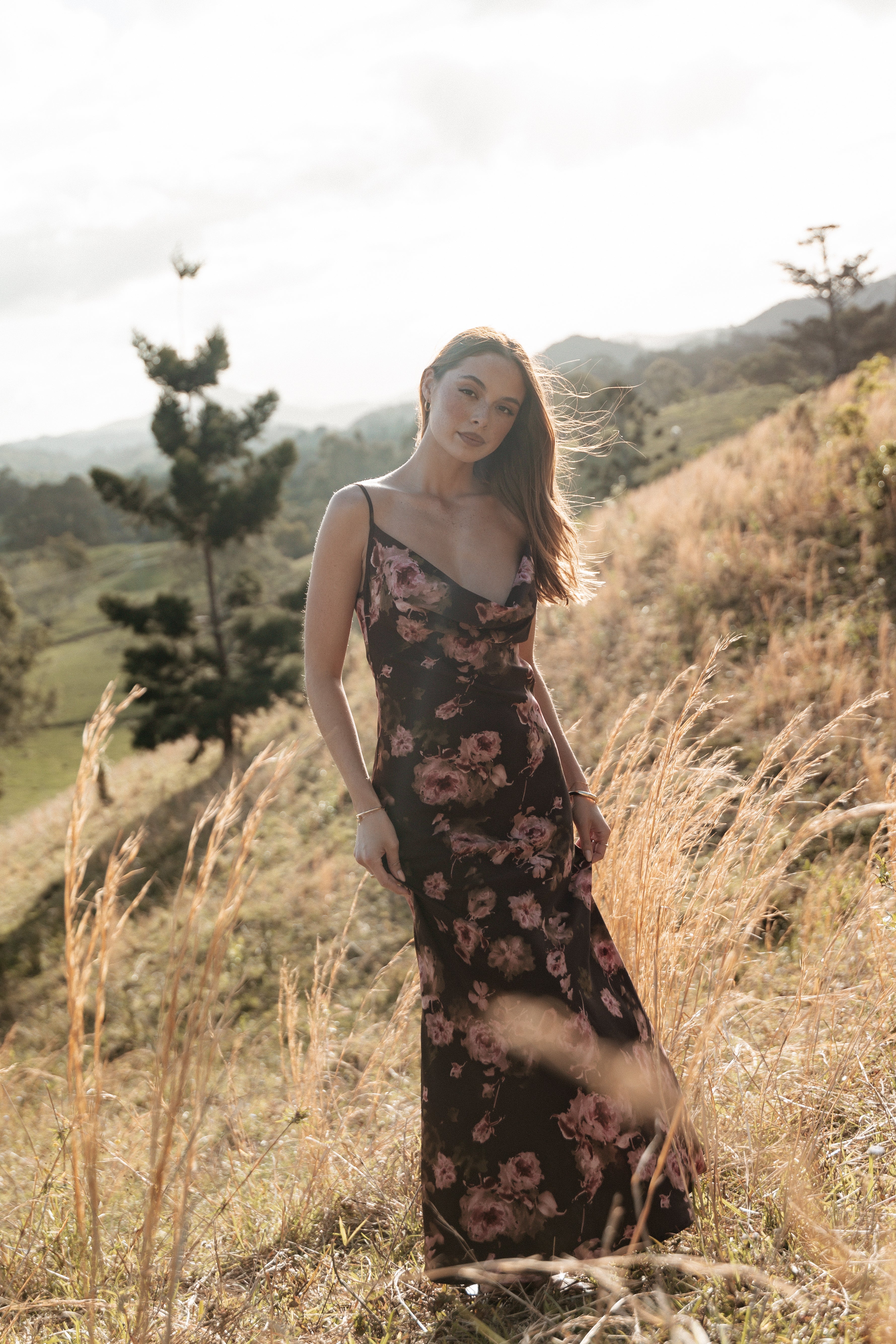 Enya Maxi Dress - Chocolate Floral Print Long Summer Dress for Women | Beach Wedding Party Vacation Outfit