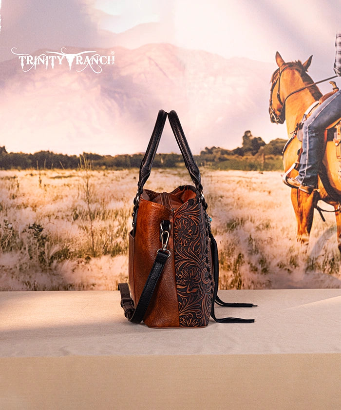 Trinity Ranch Floral Tooled Concho Tote Bag Set - Western Style Leather Handbag for Women - Perfect for Cowgirl Fashion, Rodeo Events & Country Outfits