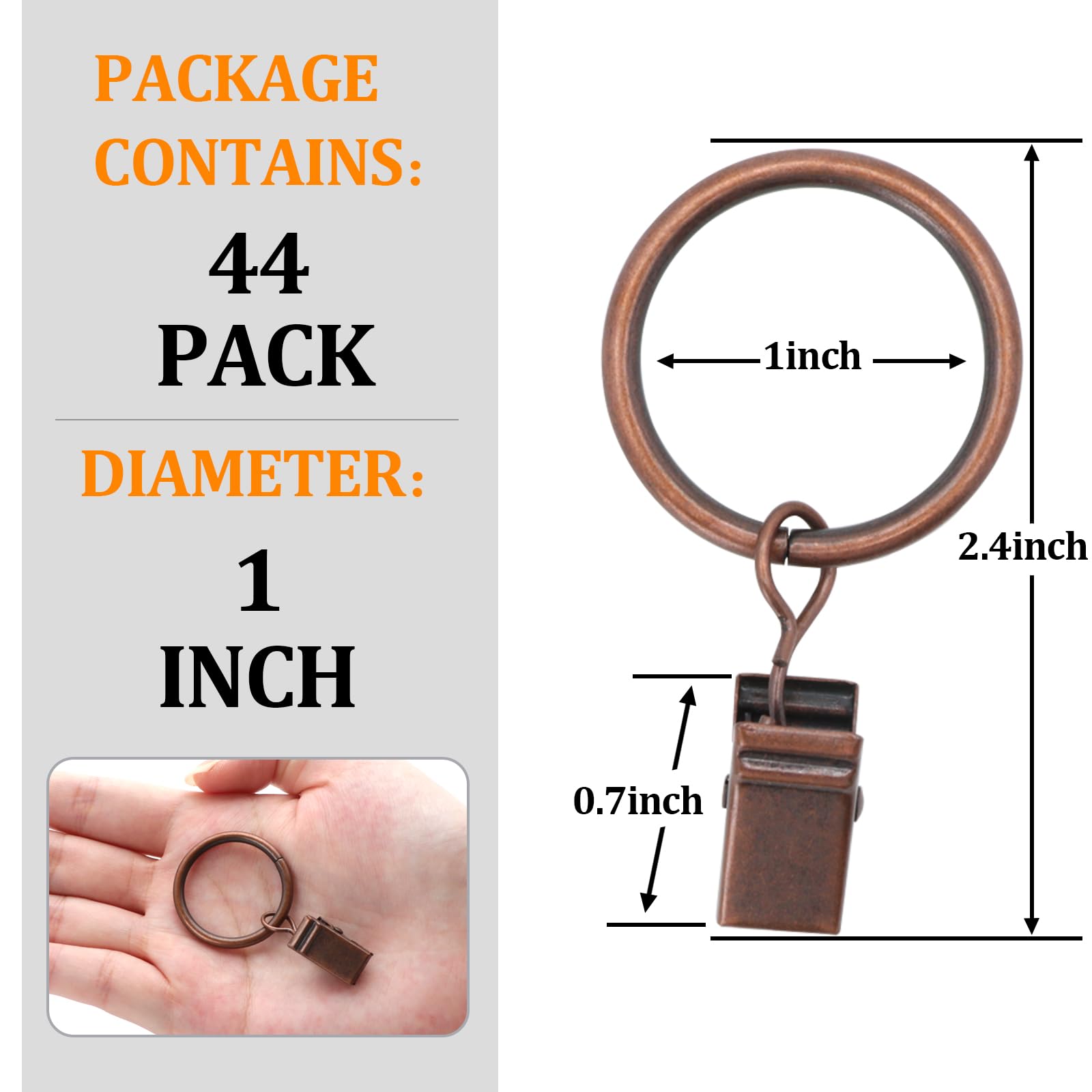 44 Pack Antique Copper Metal Curtain Rings with Clips - 1 Inch Interior Diameter Drapery Hooks for Hanging Curtains & Drapes - Perfect for Living Room, Bedroom, and Home Decor