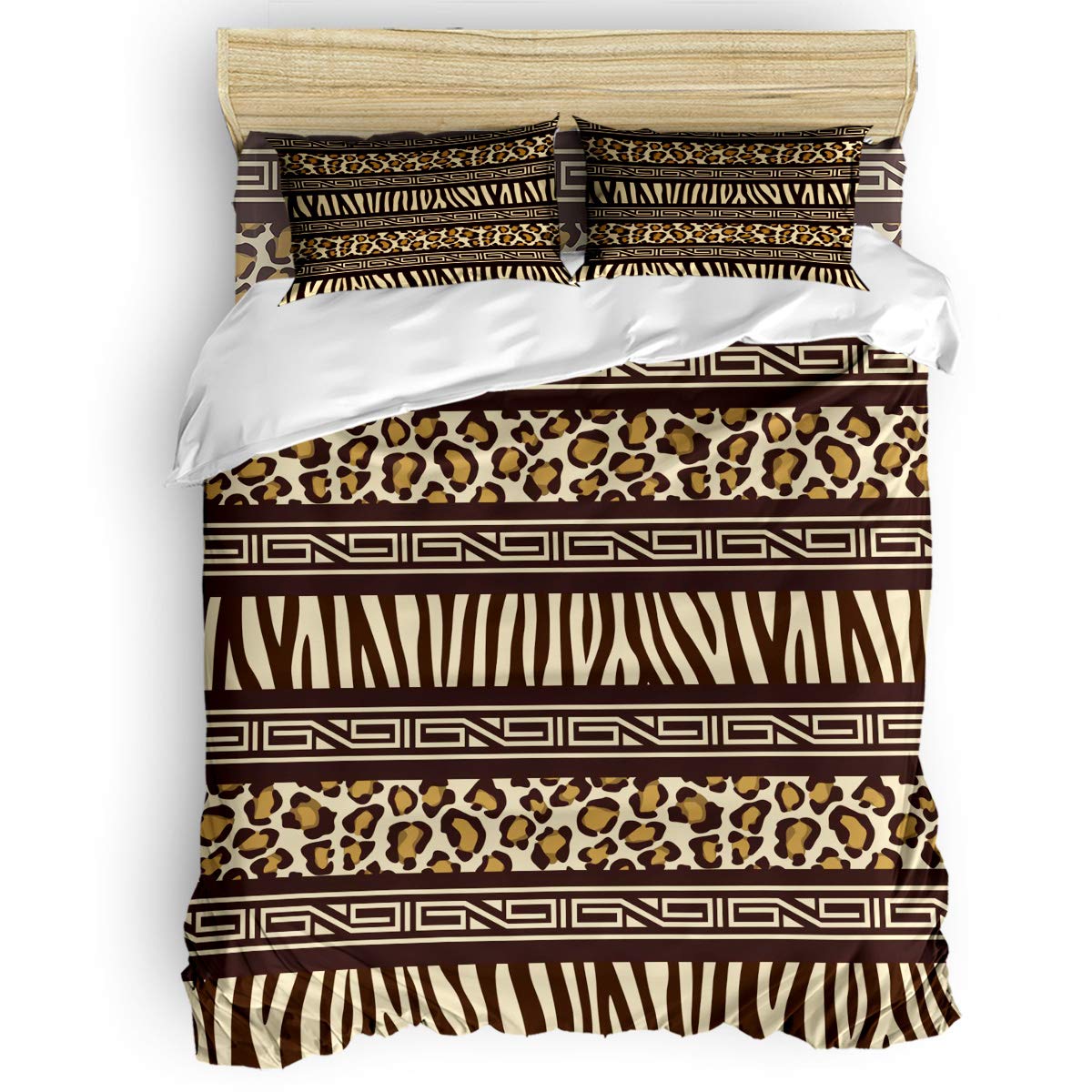 4 Piece Queen Size Bedding Set - Lightweight Microfiber Duvet Cover with African Motifs & Leopard Print - Includes 1 Duvet Cover, 1 Flat Sheet & 2 Pillowcases - Soft, Breathable & Machine Washable - Perfect for Master Bedroom, Guest Room or Dorm Decor