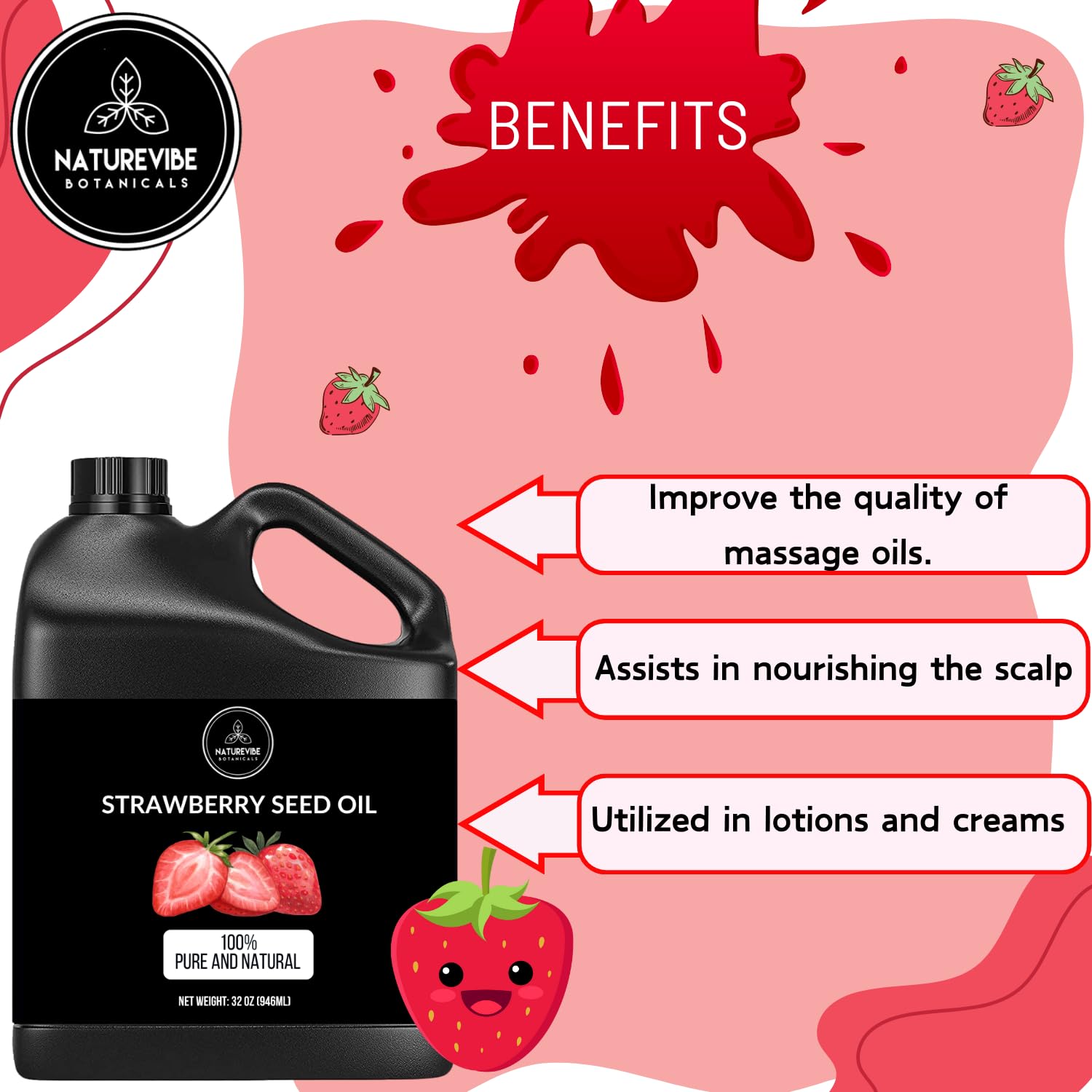 Naturevibe Botanicals Organic Strawberry Oil & Argan Oil Combo - 32oz Each | Cold-Pressed, 100% Pure for Hair, Skin & Nail Care | Perfect for DIY Beauty Recipes & Aromatherapy