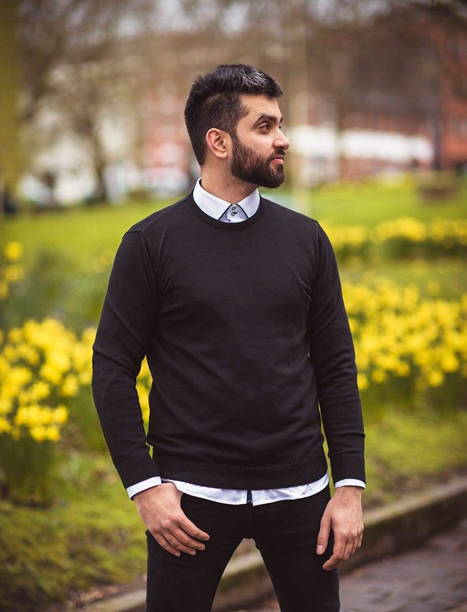 Cavani Men's Black Crewneck Knit Sweater - Soft Cotton Pullover for Casual Wear & Winter Outfits
