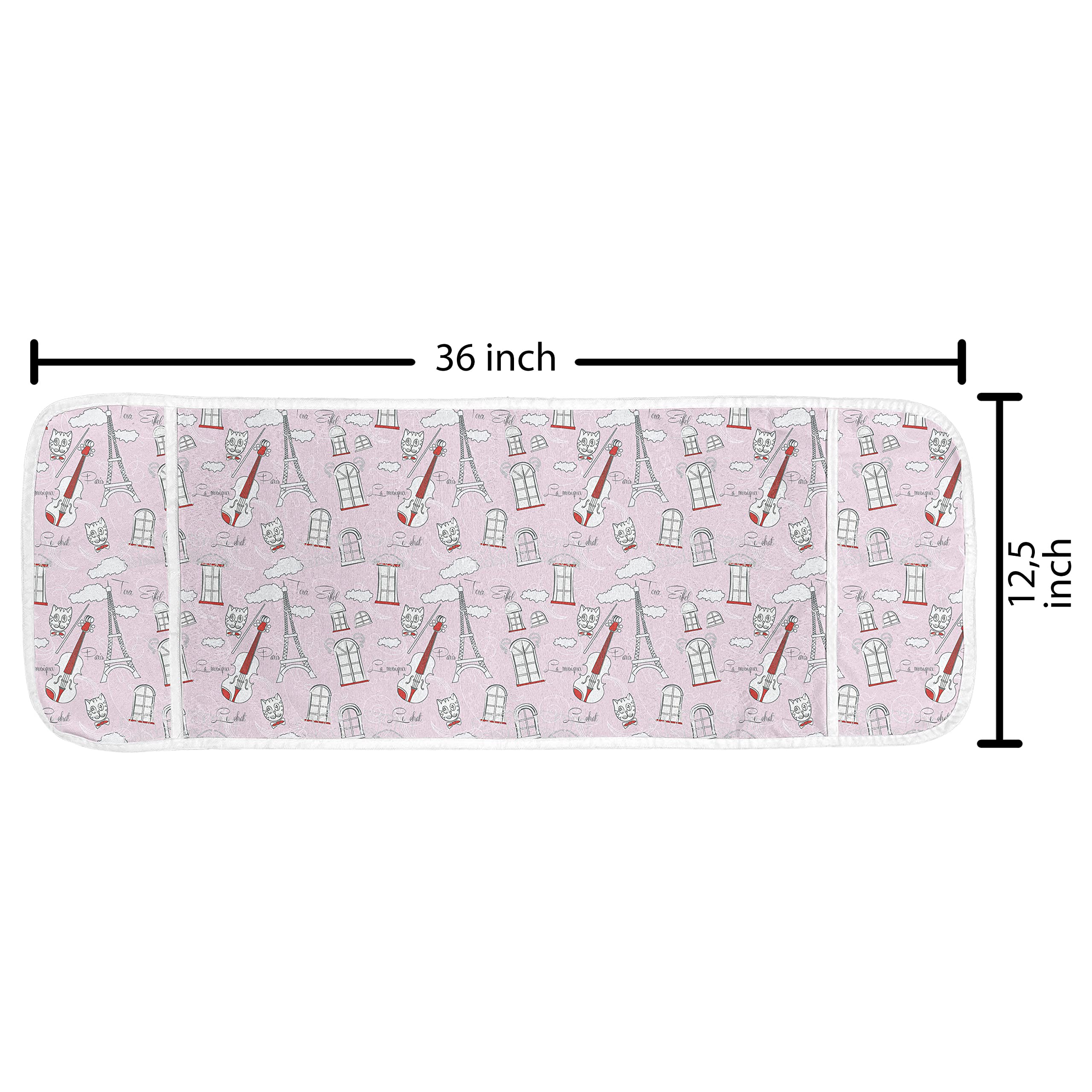 Ambesonne Paris Microwave Cover - Abstract City Violin Cat with Bow Tie & Eiffel Tower Design, Waterproof Kitchen Organizer with Pockets, 36x12 Inches, Pale Pink Scarlet White - Perfect for Modern Kitchens & Small Appliance Protection