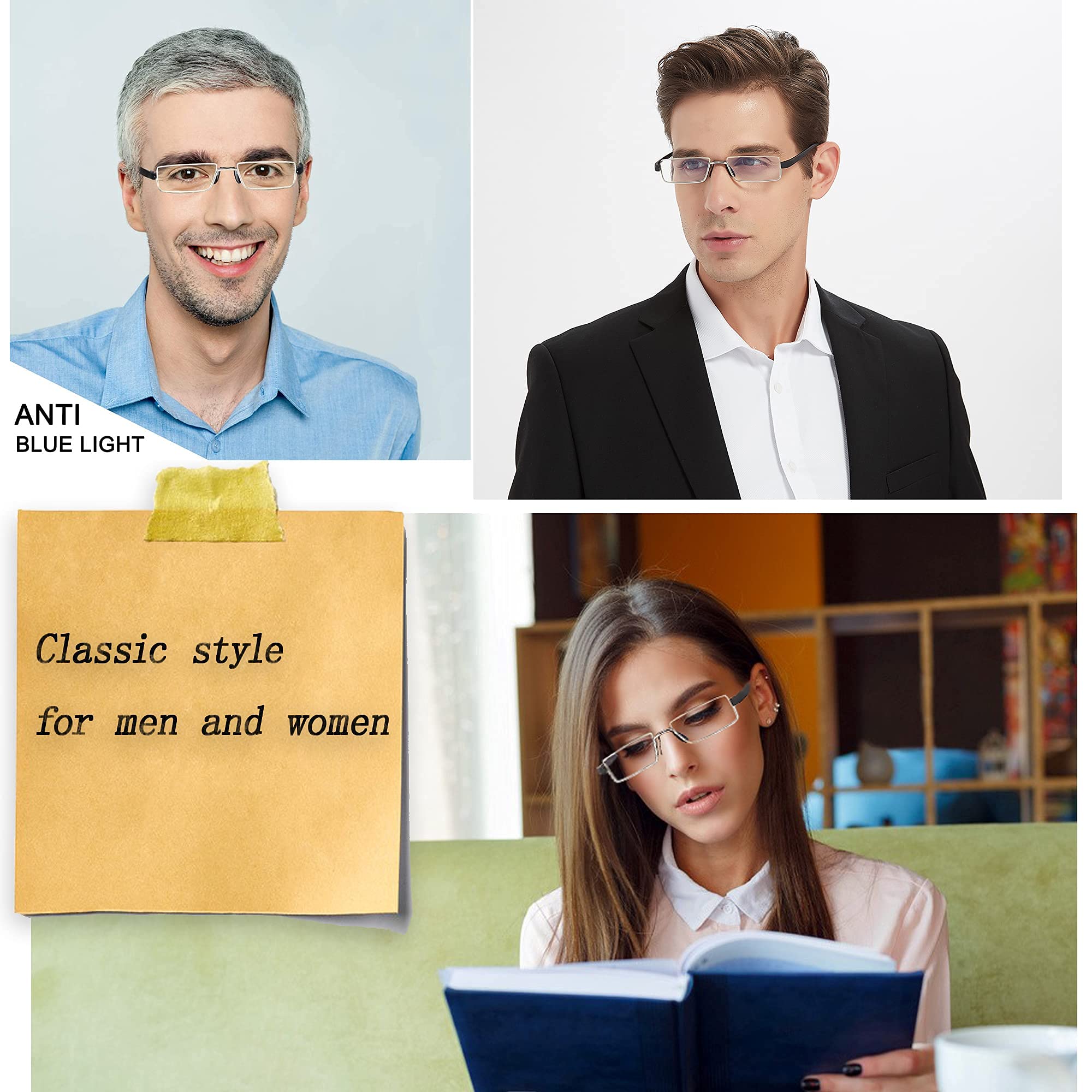 Blue Light Blocking Reading Glasses for Men & Women - Half-Rim Computer Readers with Thin Optics (0.0 Strength) - Perfect for Office Work, Screen Time & Digital Eye Strain Relief
