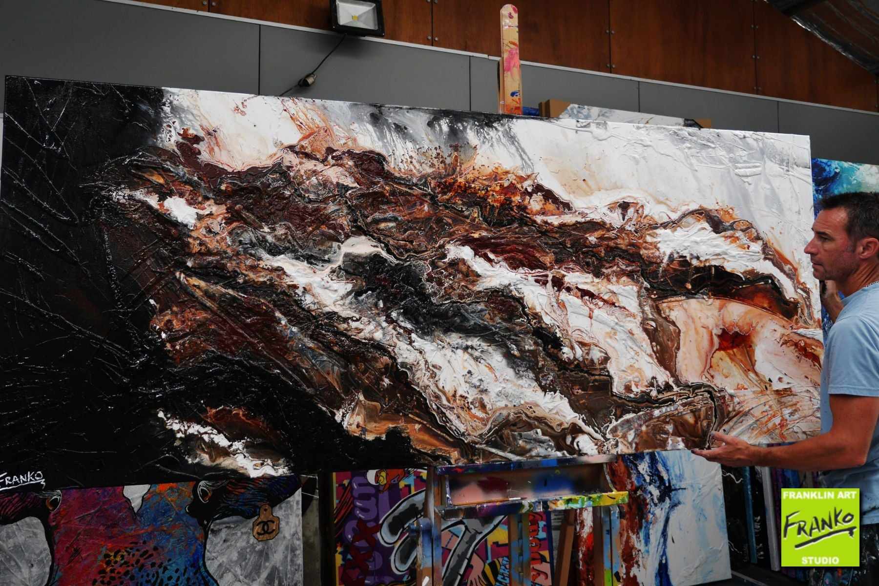 240cm x 100cm Brown Black White Textured Abstract Slate Marble Painting - Modern Wall Art for Living Room, Bedroom & Office Decor