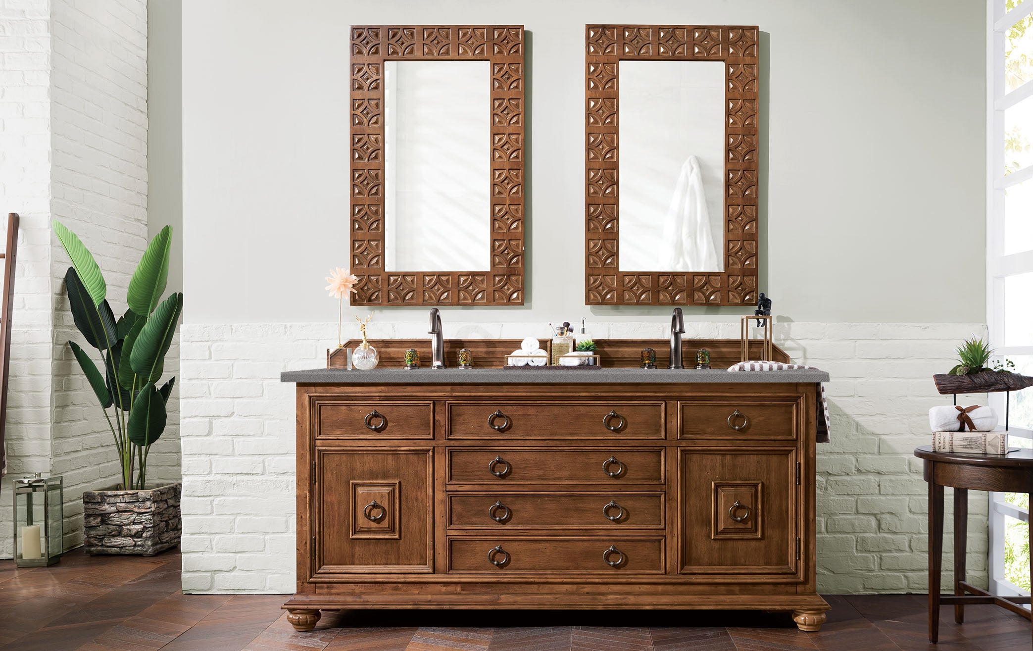 Mykonos 72 Inch Double Vanity Bathroom Cabinet with 3CM Grey Expo Quartz Top in Cinnamon Finish - Perfect for Modern Master Bathrooms & Guest Suites