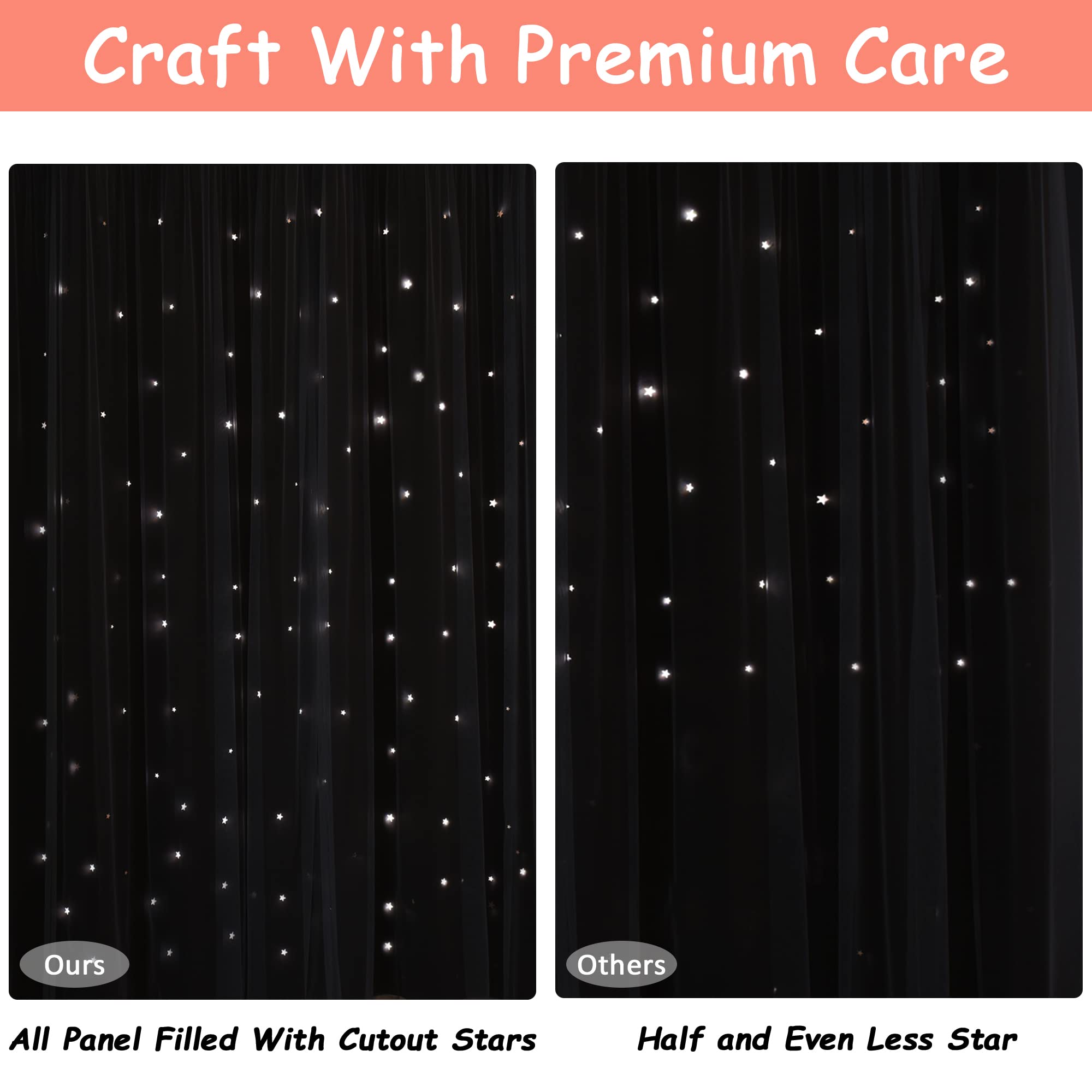 Kinryb Princess Curtains for Girls Bedroom - Sheer Overlay Double Layer Window Drapes with Star Cutout Design, 52x95 Inches Coral Pink - Perfect for Kids Room, Nursery & Living Room Decor