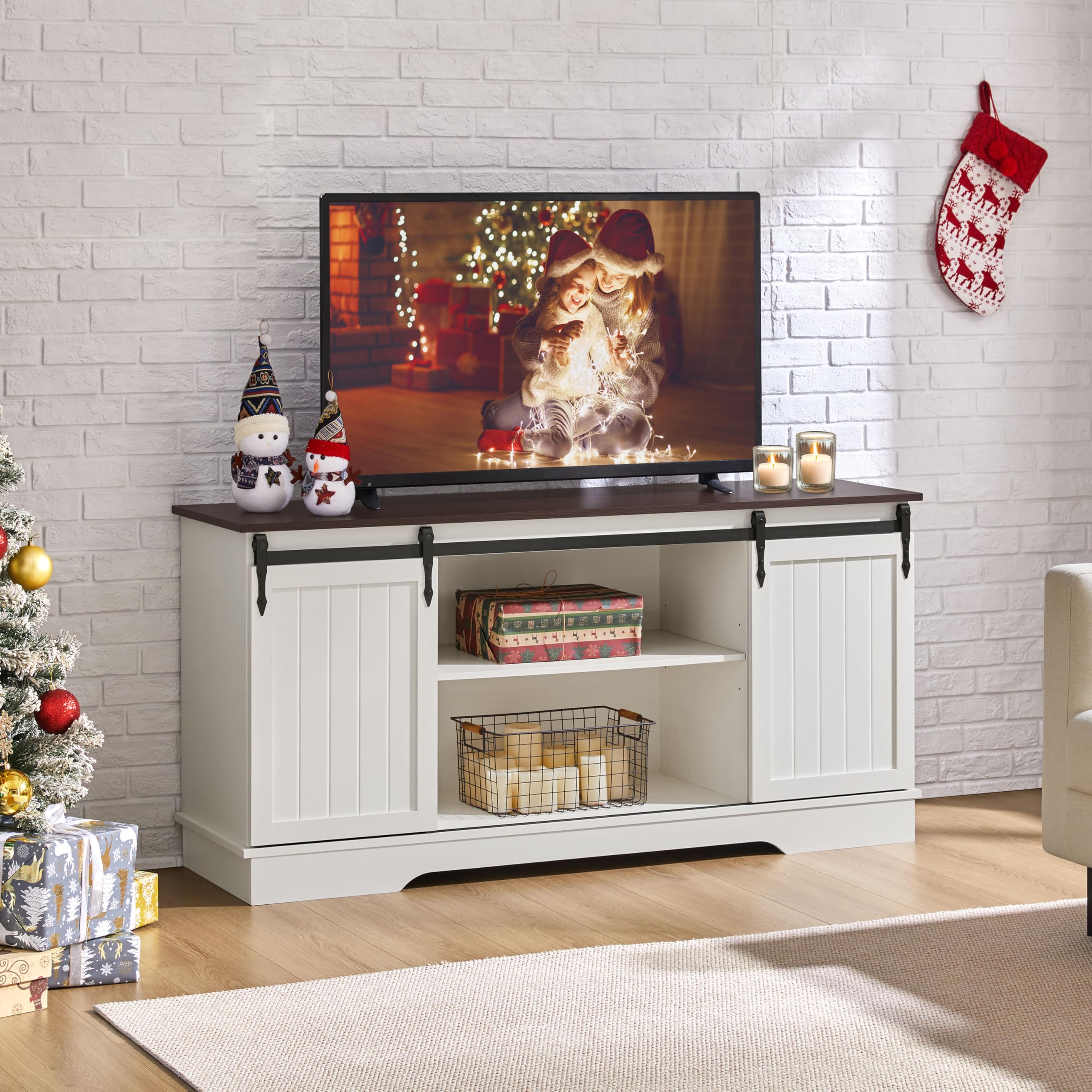 Yaheetech 65 Inch TV Stand with Sliding Barn Doors - Farmhouse Style Entertainment Center, TV Media Console for Living Room (White & Espresso) - Perfect for Home Theater Setup & Living Room Organization