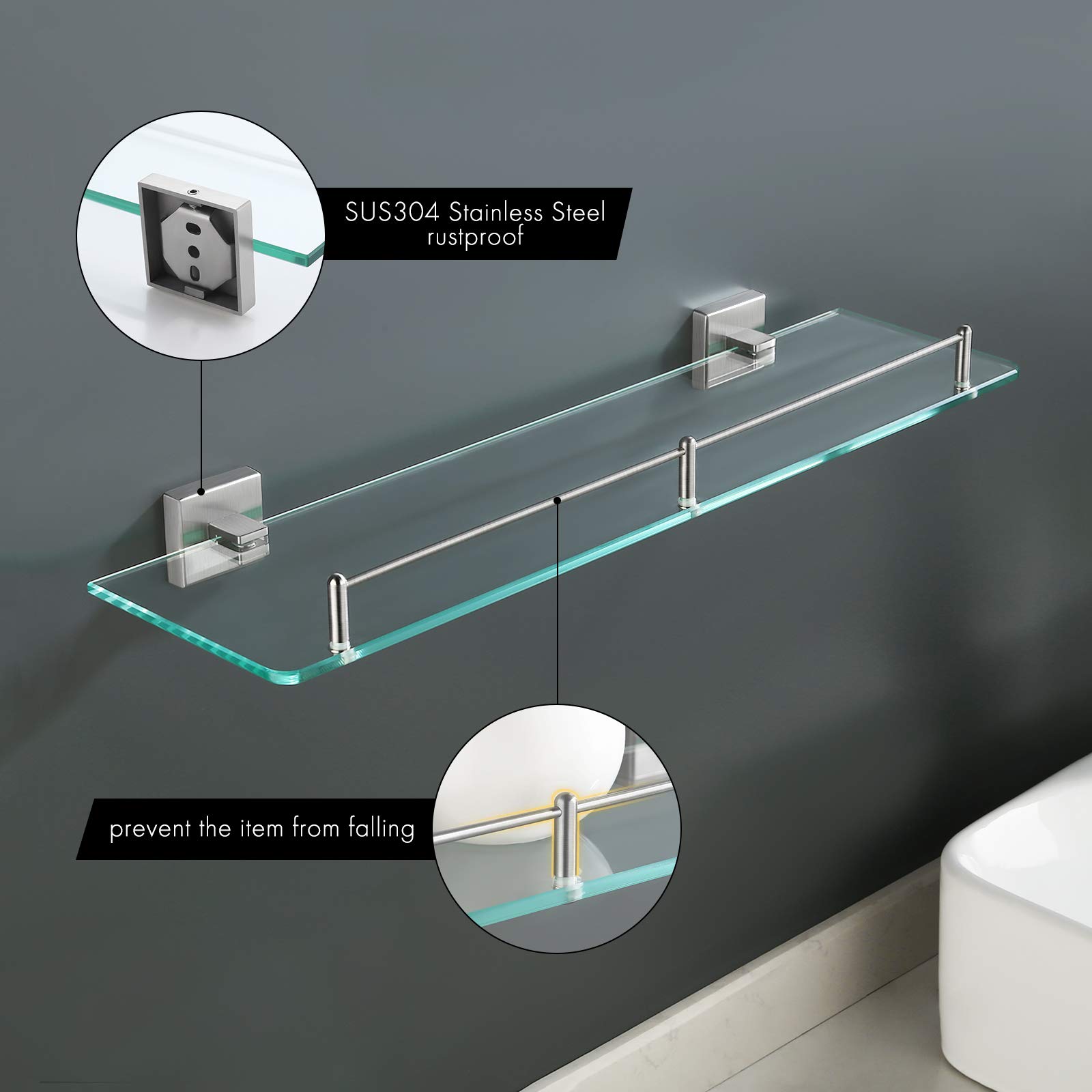 KES 1-Tier Rustproof Stainless Steel Bathroom Glass Shelf & Caddy - Wall Mount Brushed Finish Bathroom Storage Basket A2420A-2 | Perfect for Shower Organization, Spa Decor & Small Space Bathroom Storage