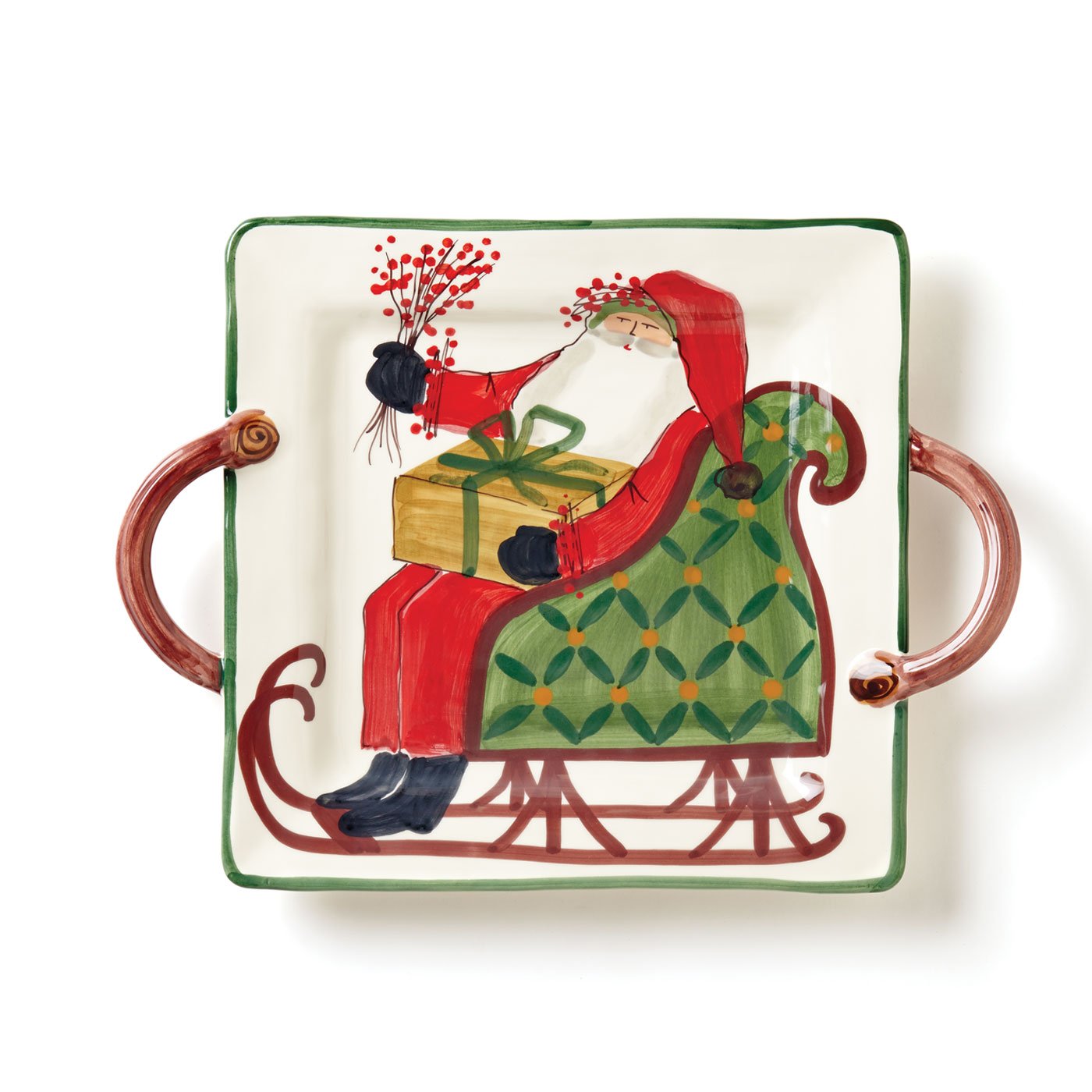 Vietri Old St. Nick Handled Square Platter - Earthenware Serving Plate for Steak, Salad, Dessert & Snack | Perfect for Holiday Entertaining, Dinner Parties & Everyday Use
