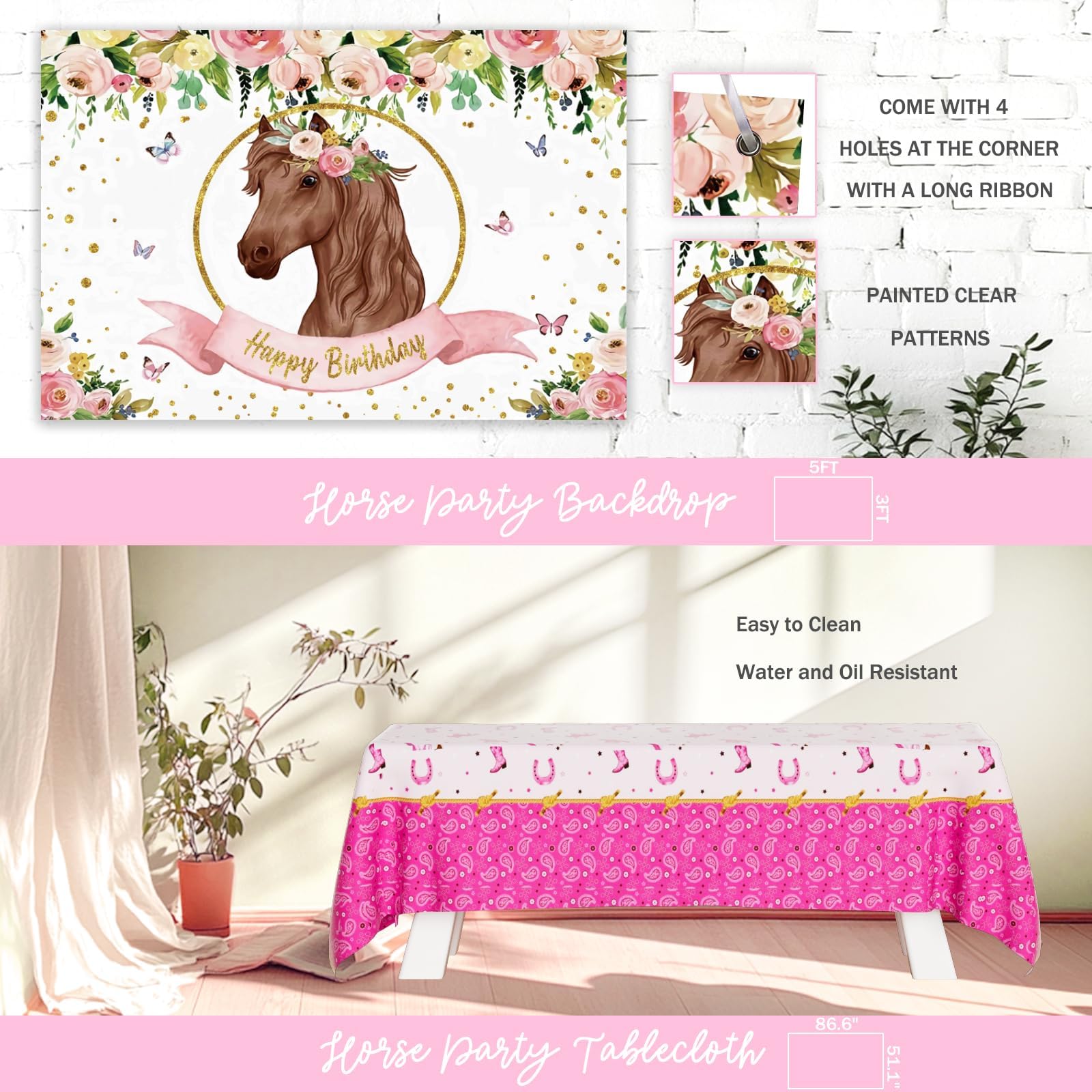 Horse Themed Birthday Party Decorations for Girls - Western Cowgirl Party Supplies Set with Backdrop, Balloons, Leaves, Happy Birthday Banner, Tablecloth, Cake Topper in Floral Pink & Brown | Perfect for Western-Themed Birthday Parties, Baby Showers & Cowgirl Celebrations