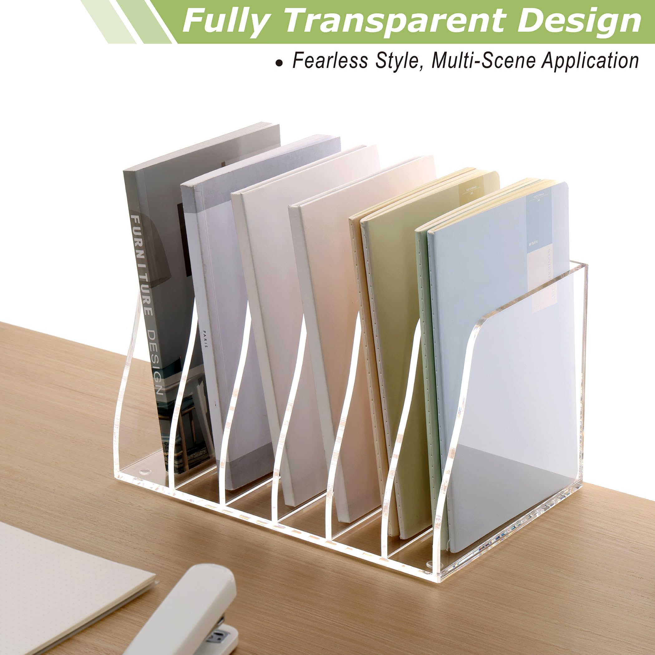 SANRUI Clear Acrylic Desk File Organizer - 6 Vertical Compartments Magazine Holder, Office Document Organizer for Papers, Folders & Stationery - Perfect for Workspace, Home Office & School Organization