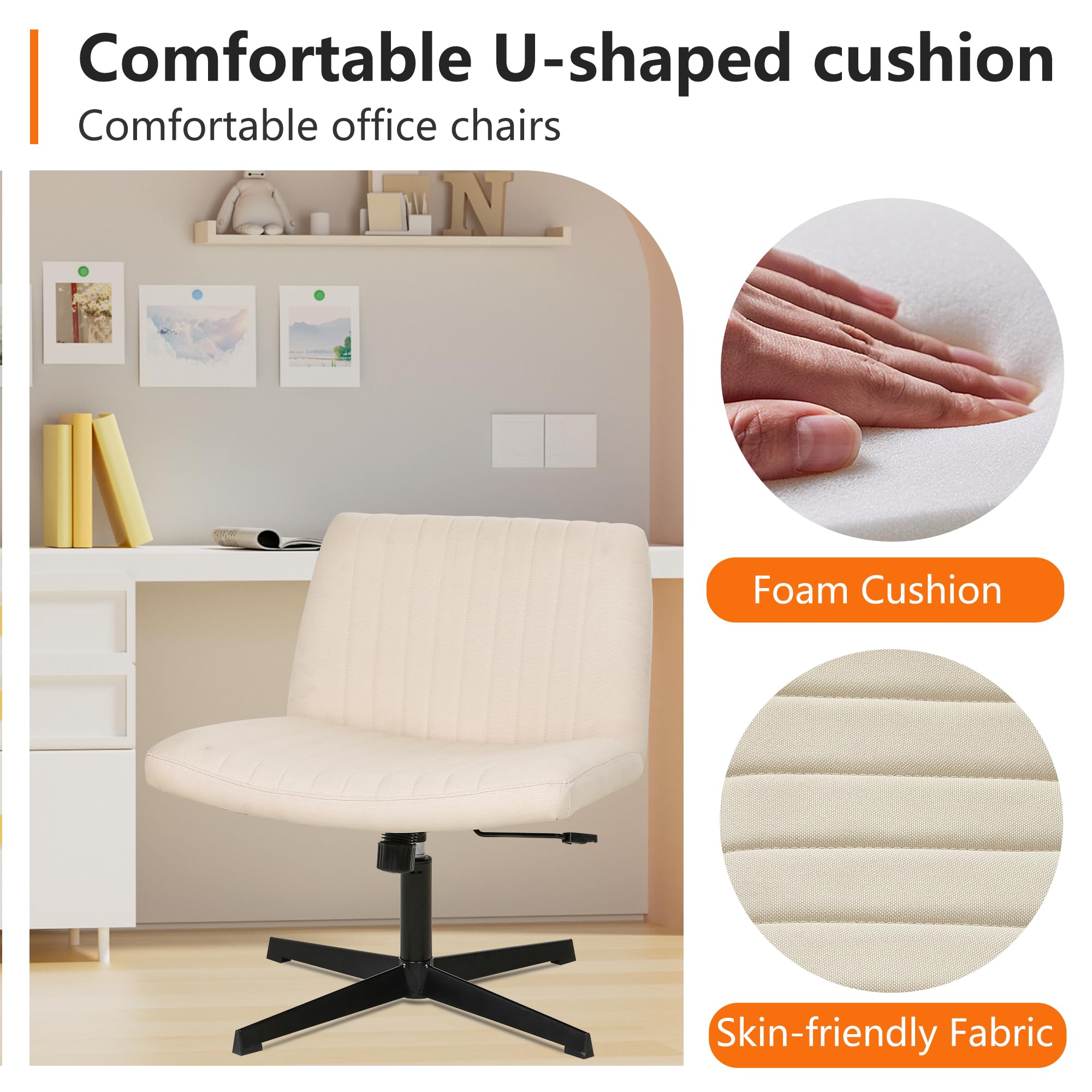 FDW Criss Cross Armless Office Chair - Adjustable Swivel Ergonomic Desk Chair with U-Shaped Backrest & Wide Seat, No Wheels, Cross-Legged Design - Perfect for Home Office, Computer Work, and Vanity Tasks