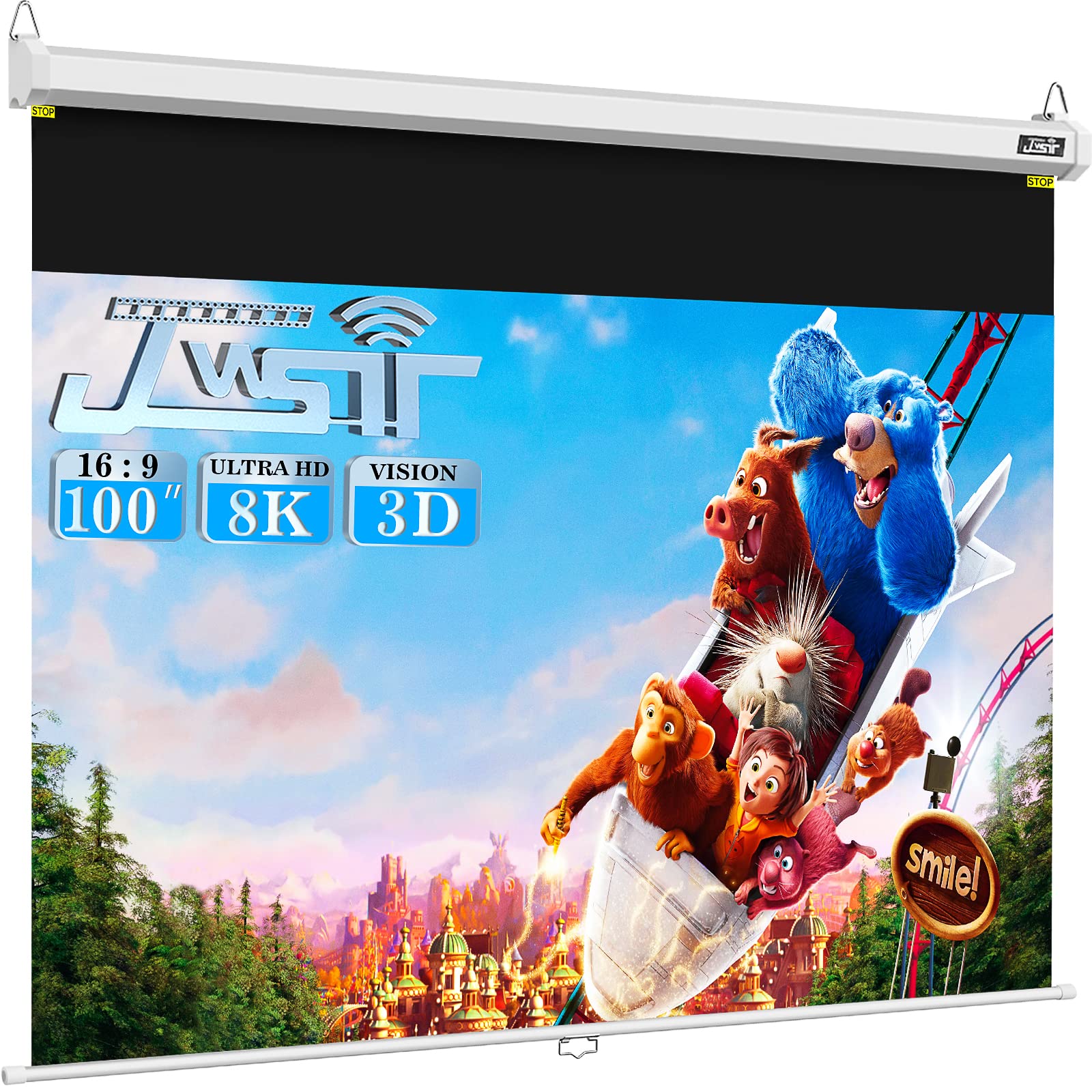 JWSIT 100 Inch Manual Pull Down Projector Screen - 3 Layer PVC 16:9 HD Projection Screen with Auto-Locking Mechanism for Home Theater, Office Presentations, Gaming & Outdoor Movie Nights