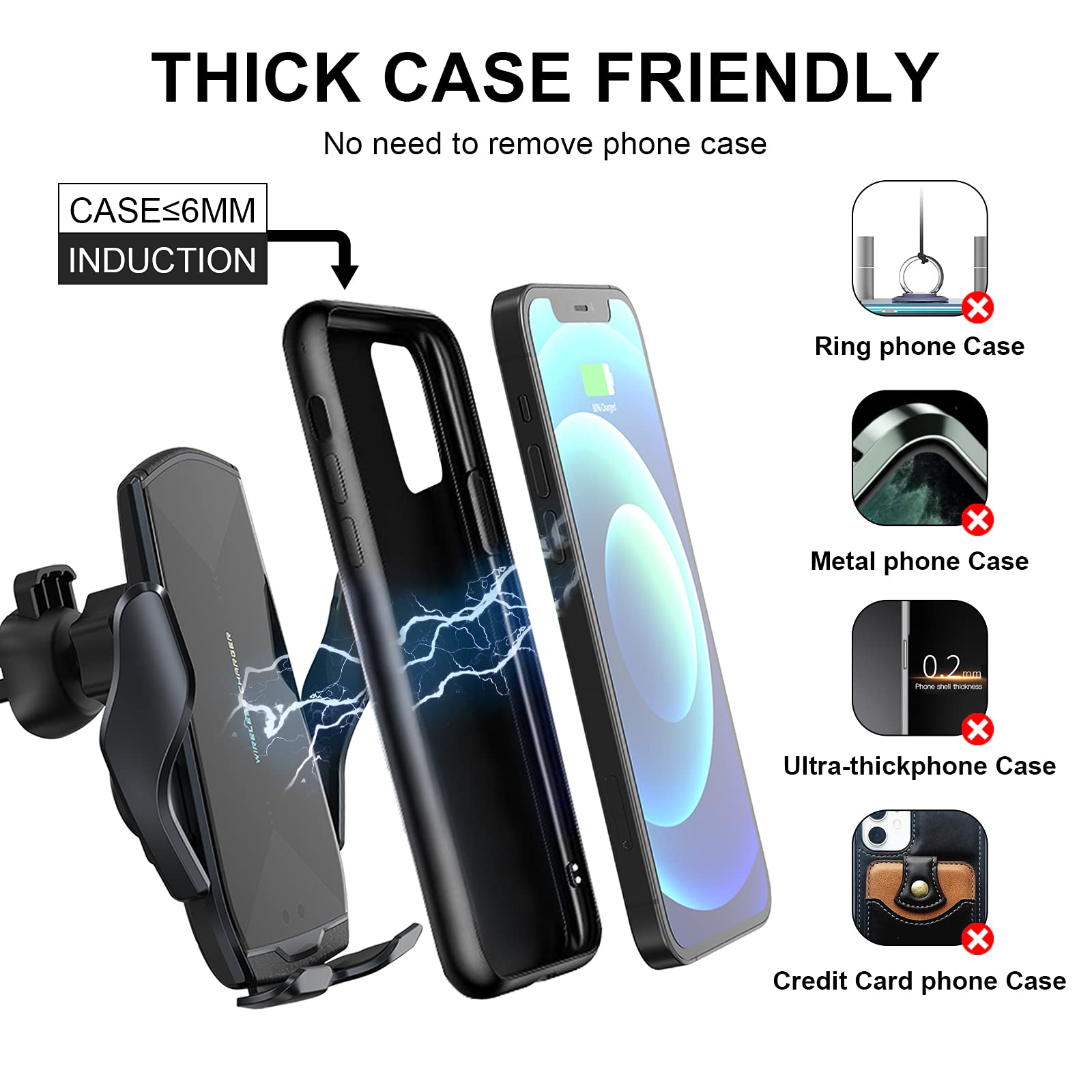 15W Qi Fast Wireless Car Charger Mount - Auto-Clamping Phone Holder for iPhone 13/12/11, Samsung S20/S10/S9/S8, LG - Air Vent, Windshield & Dashboard Mount with Long Arm & Suction Cup - Perfect for Commuting, Road Trips & GPS Navigation