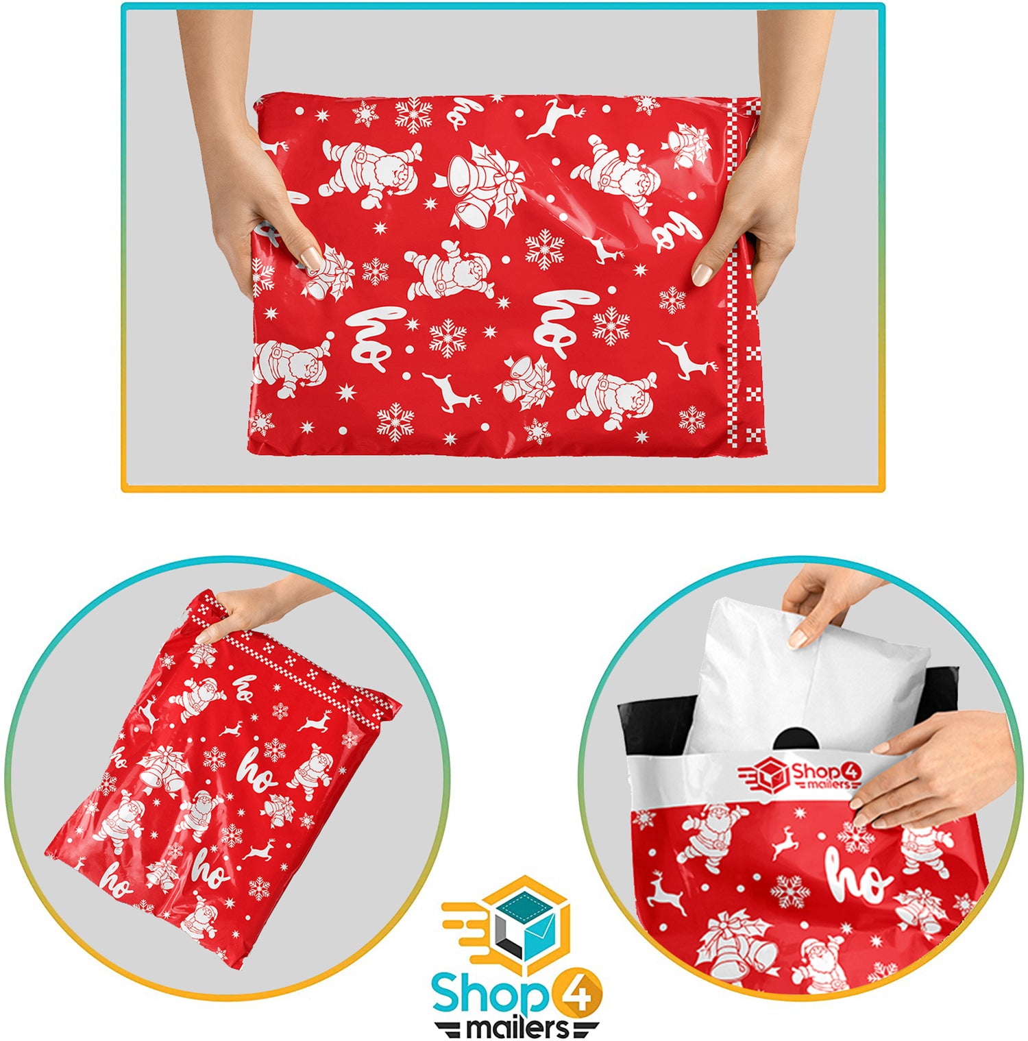 Shop4Mailers 10x13 Santa Claus Ho Ho Ho Christmas Holiday Poly Mailer Envelopes - 2 Mil Thick Durable Shipping Bags for Holiday Gifts, Greeting Cards & Ecommerce Packages