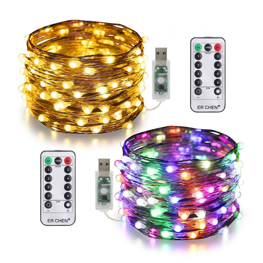 2 Pack Dimmable USB Fairy String Lights - 33ft 100 LED Warm White & Color Changing with Remote & Timer, 8 Modes Silver Wire Lights for Bedroom Decor, Patio Lighting, Wedding Party, Christmas Tree, Garden & Outdoor Decorations