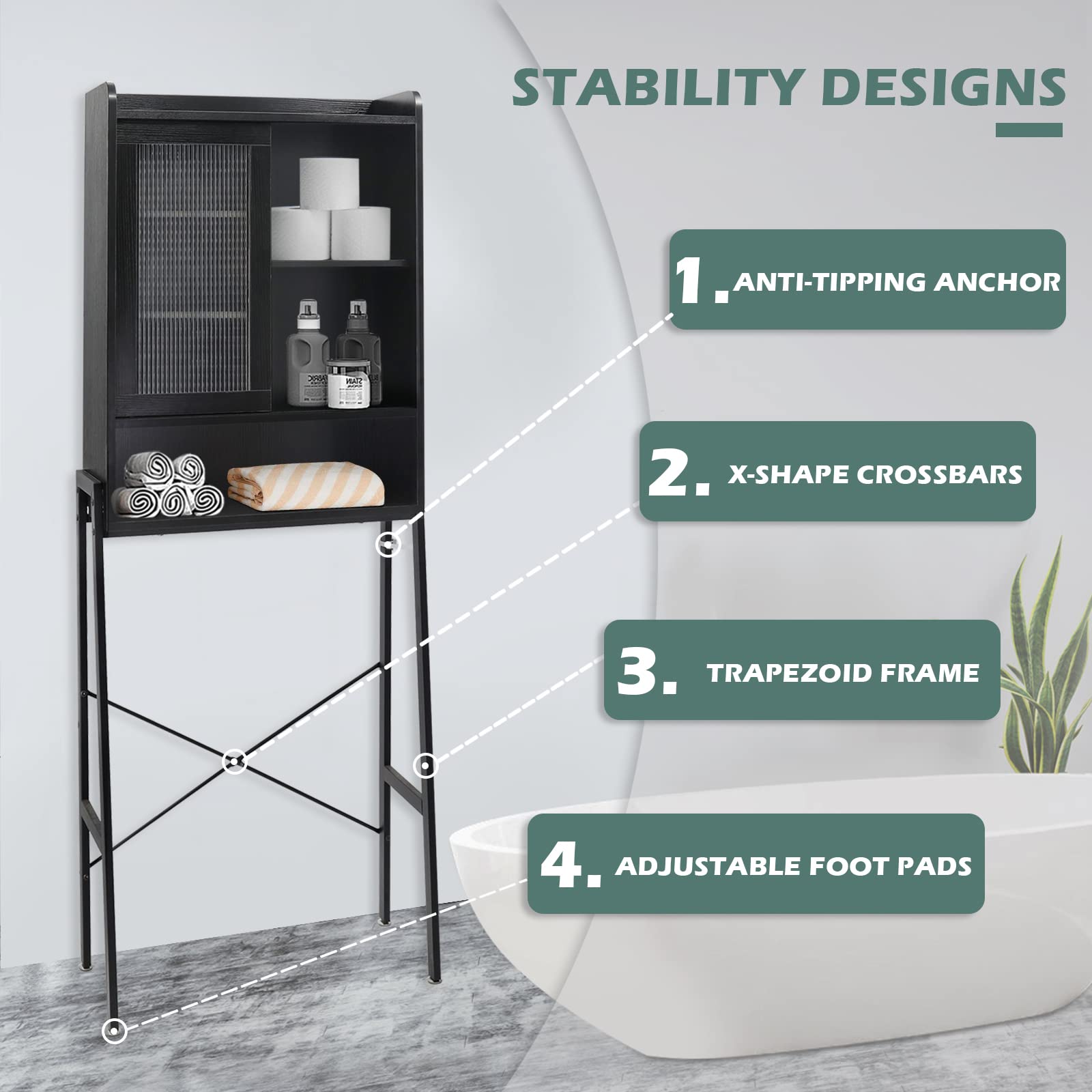 Over Toilet Storage Cabinet - Freestanding Bathroom Organizer with Adjustable Shelves & Acrylic Sliding Door | Space Saving Metal Frame Shelf for Towels, Toiletries & Bathroom Essentials | Perfect for Small Bathrooms, Apartments & Powder Rooms