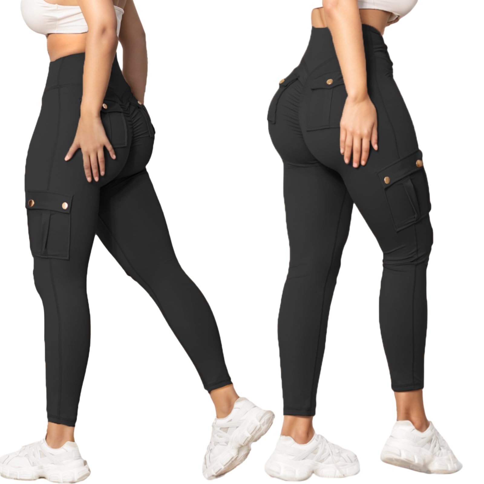 Nuofengkudu Women's High Waisted Scrunch Bum Cargo Leggings with Pockets - Tummy Control Workout Pants for Gym, Running, Jogging & Yoga - Ankle Length Booty Lifting Sports Trousers for Women