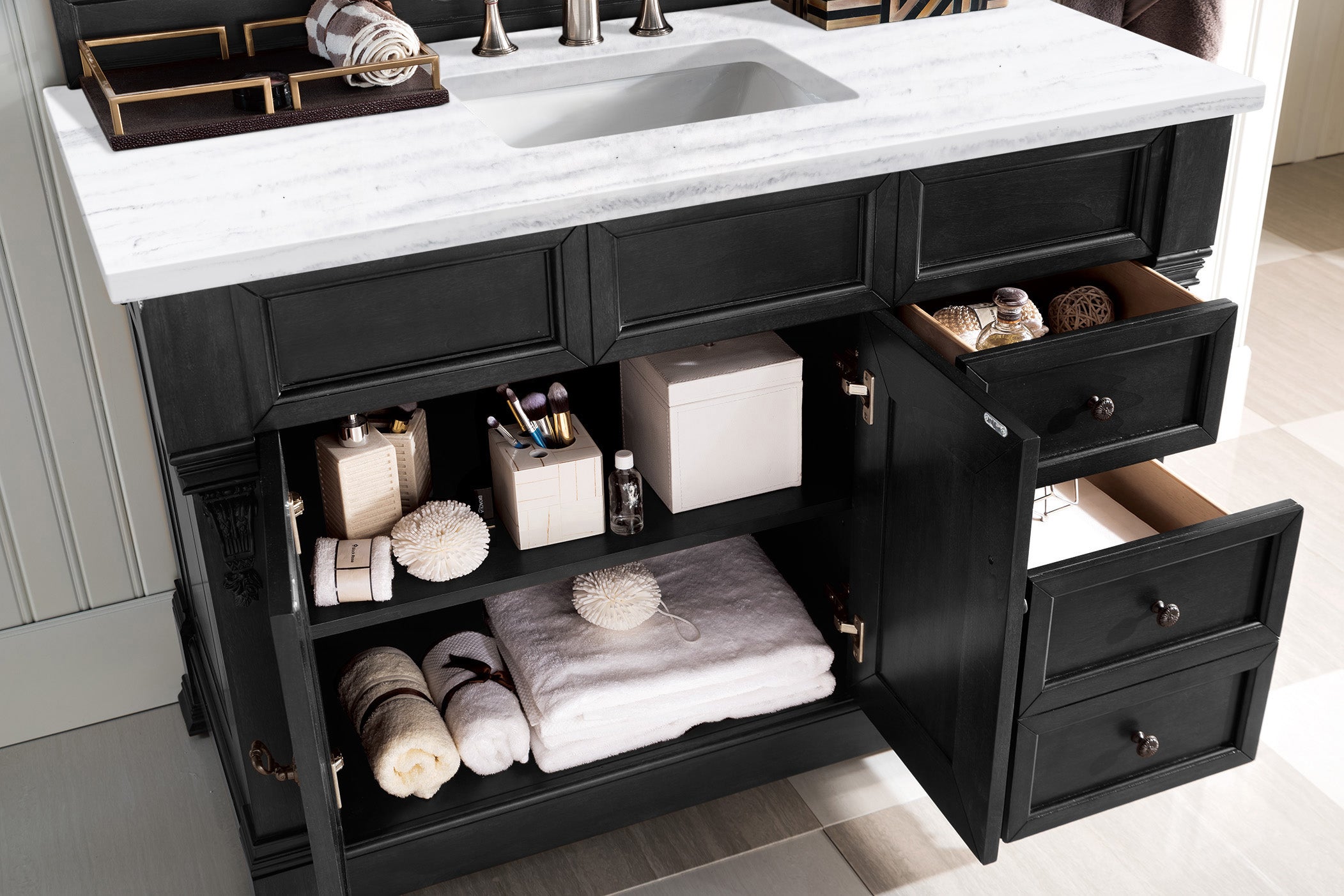 Brookfield 48 Inch Single Bathroom Vanity with Antique Black Finish & 3CM Arctic Fall Solid Surface Top - Perfect for Modern and Traditional Bathroom Designs