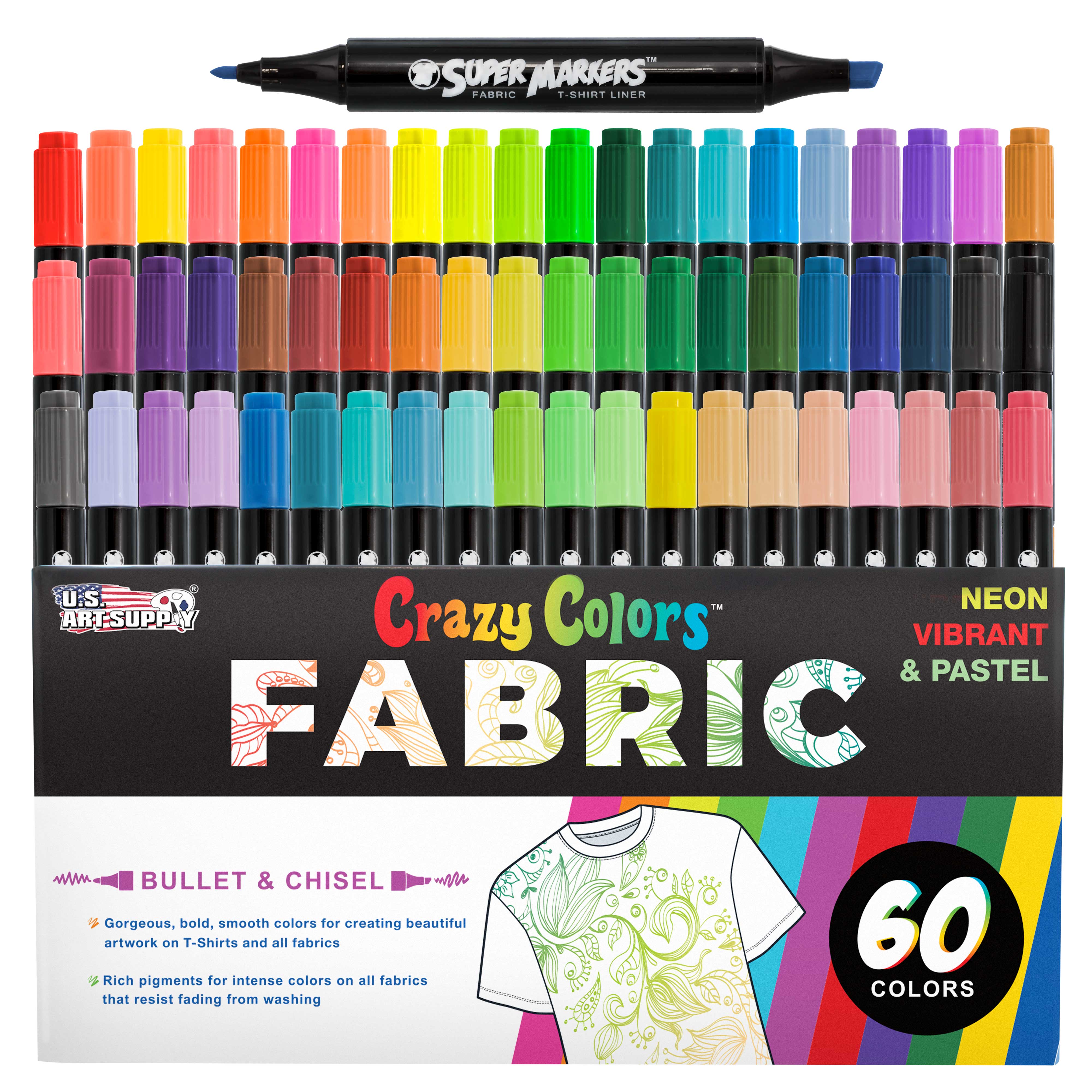 60 Dual Tip Fabric Markers Set - Super Markers with Chisel & Fine Point Tips in Primary, Pastel & Neon Colors - Perfect for DIY T-Shirt Designs, Fabric Crafts & Art Projects