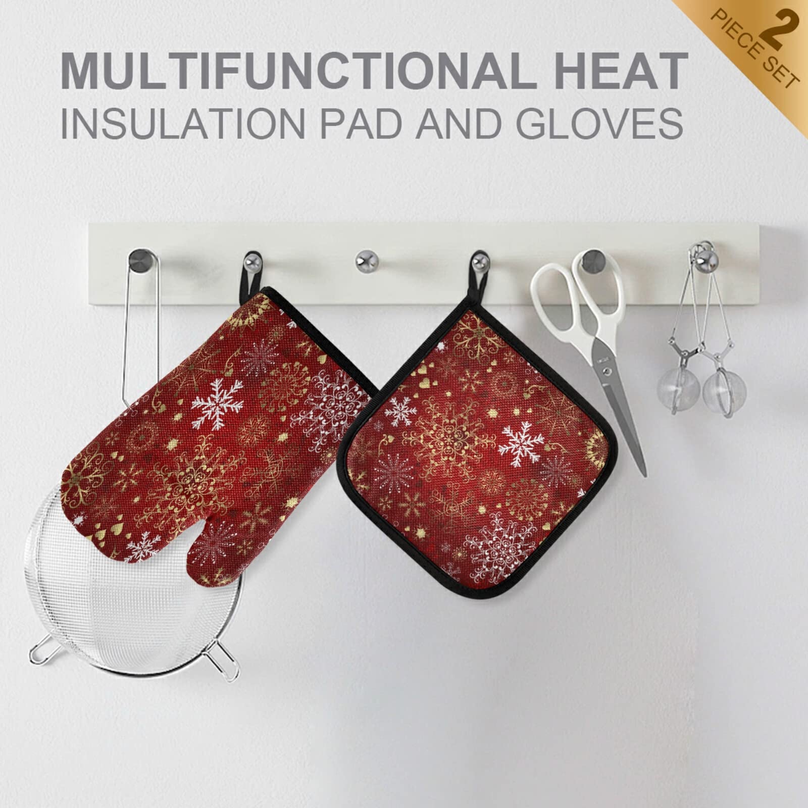 ALAZA Heat Resistant Christmas Snowflake Oven Mitt & Pot Holder Set - Gold White Red Kitchen Gloves for Cooking, Baking, Grilling, BBQ - Perfect Holiday Gift for Home Chefs & Bakers