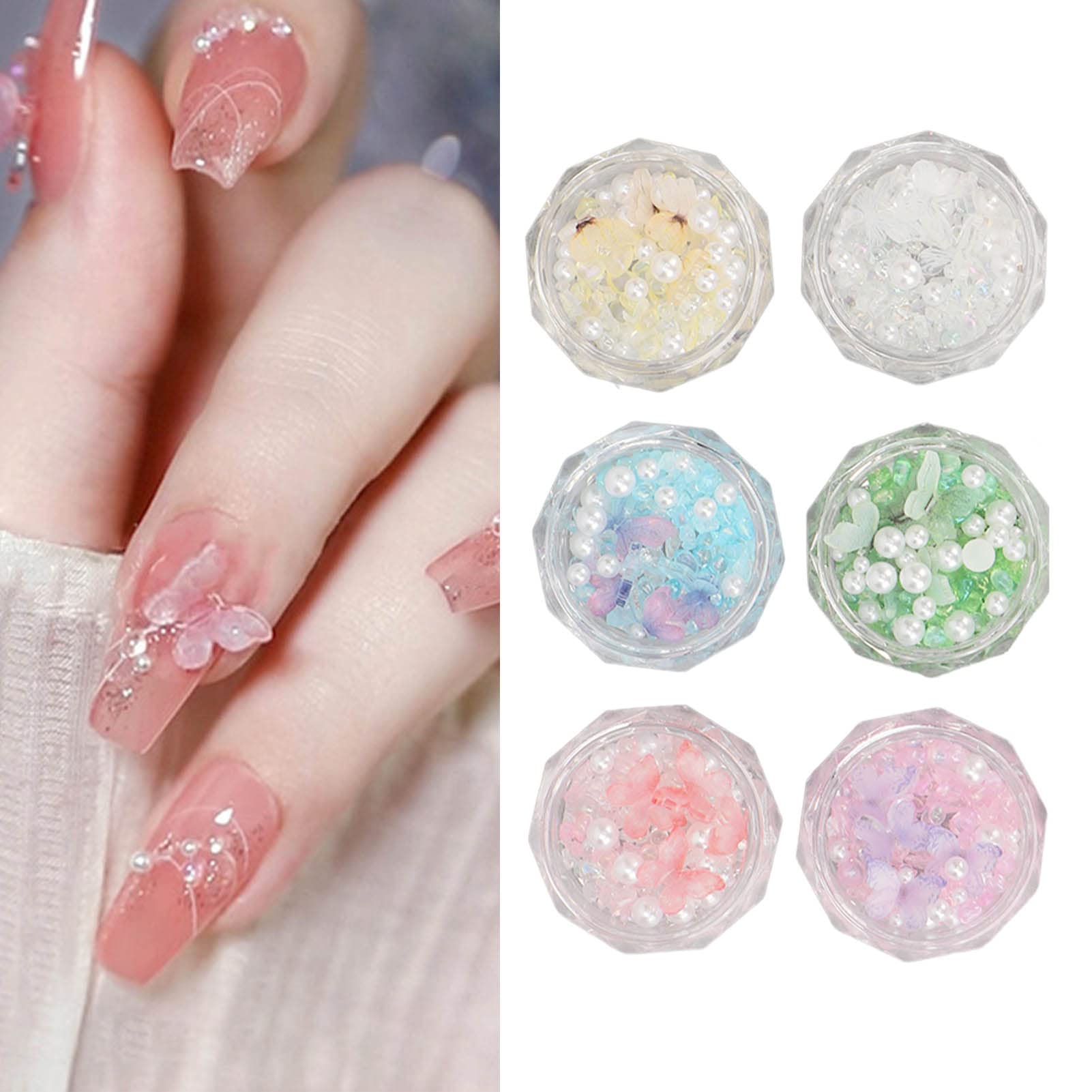 3D Resin Butterfly Nail Art Decorations Set - 6 Boxes of Exquisite Faux Pearl & Rhinestone Nail Decor for Wedding, Party & Special Occasion Nail Designs
