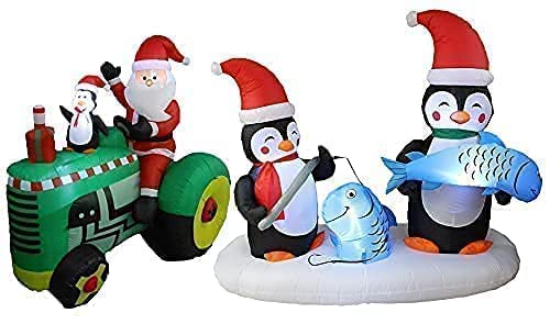 6ft Lighted Christmas Inflatable Penguin Fishing Decor & 5.3ft LED Santa Tractor with Penguin - Outdoor Holiday Party Decorations for Yard, Garden, and Christmas Festive Celebrations