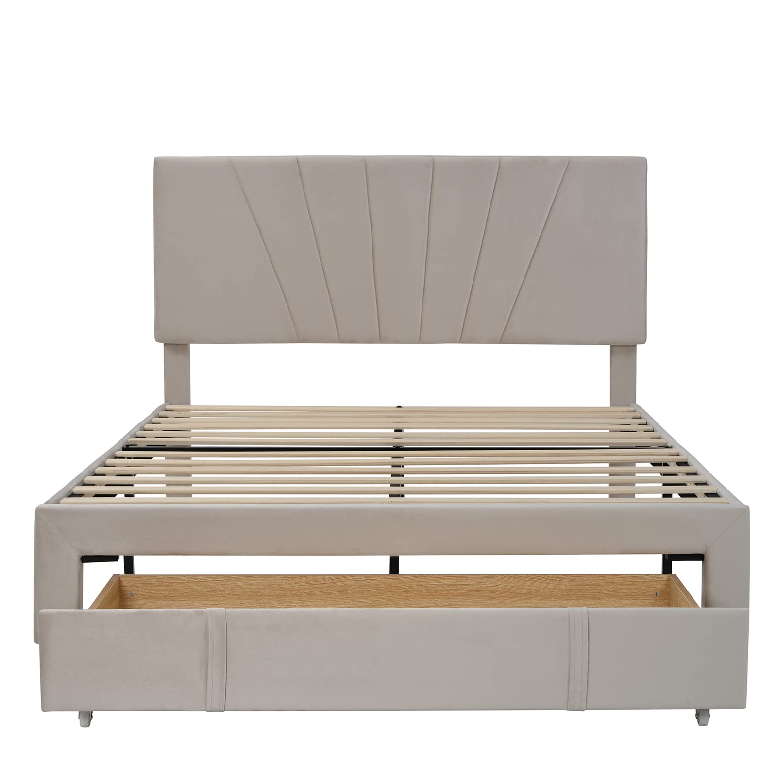 TRIPLE TREE Queen Size Storage Bed Frame - Modern Velvet Upholstered Platform Bed with Adjustable Headboard & Large Drawers | Sturdy Wood Slat Support | No Box Spring Required | Beige Luxury Bedroom Furniture | Perfect for Small Spaces & Master Bedrooms