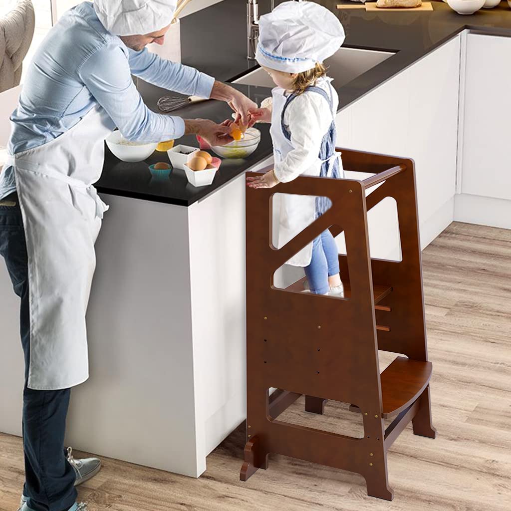 Dripex Adjustable Wooden Toddler Step Stool - Kids Kitchen Helper Tower with Safety Rail & Chalkboard - Perfect for Baking, Cooking & Sink Access - Brown