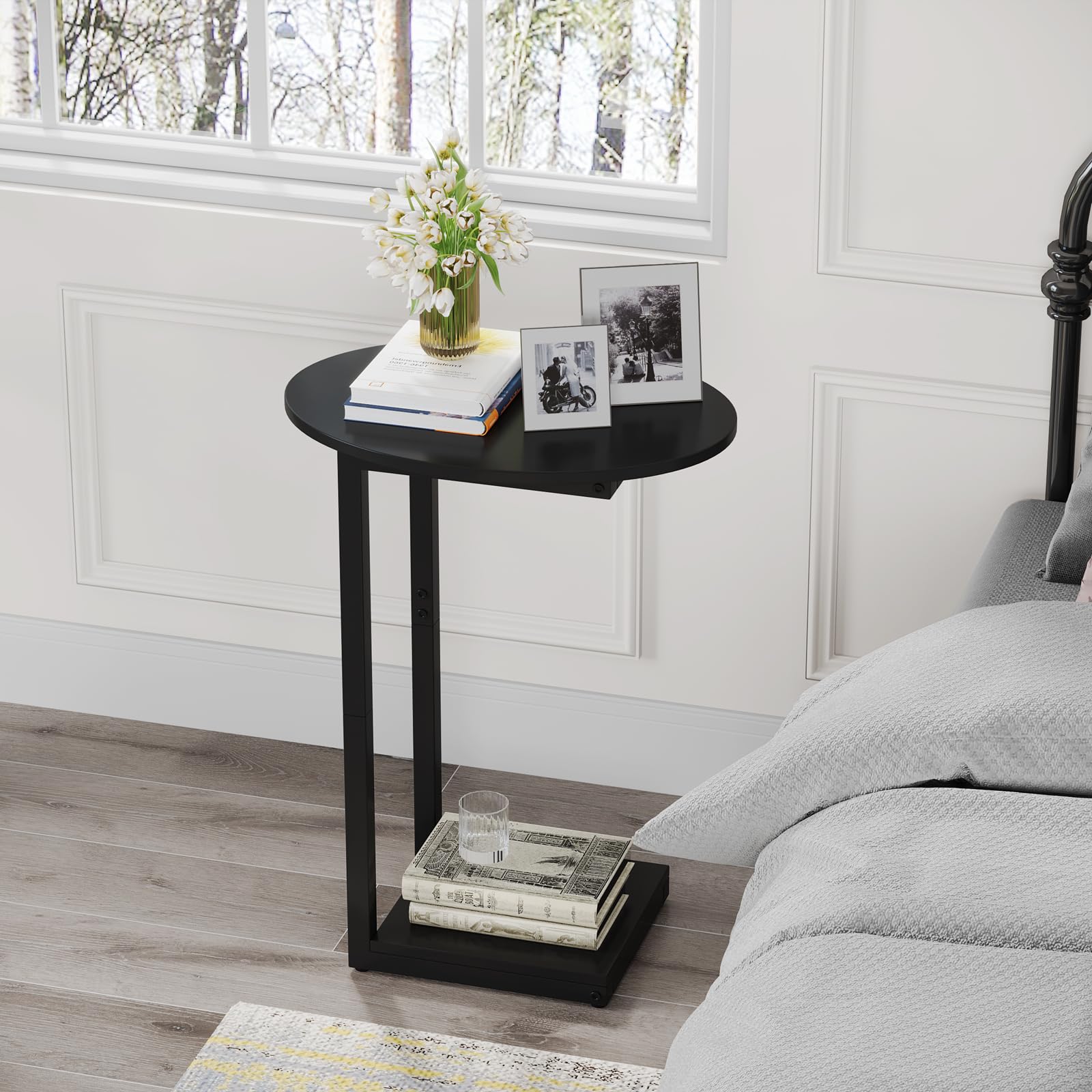 Hosfais Small C-Shaped Wood Side Table - End Table, Coffee Table & TV Tray for Small Spaces - Compact Living Room Furniture for Eating, Reading & Relaxing (Black) - Perfect for Apartments, Dorms & Cozy Homes