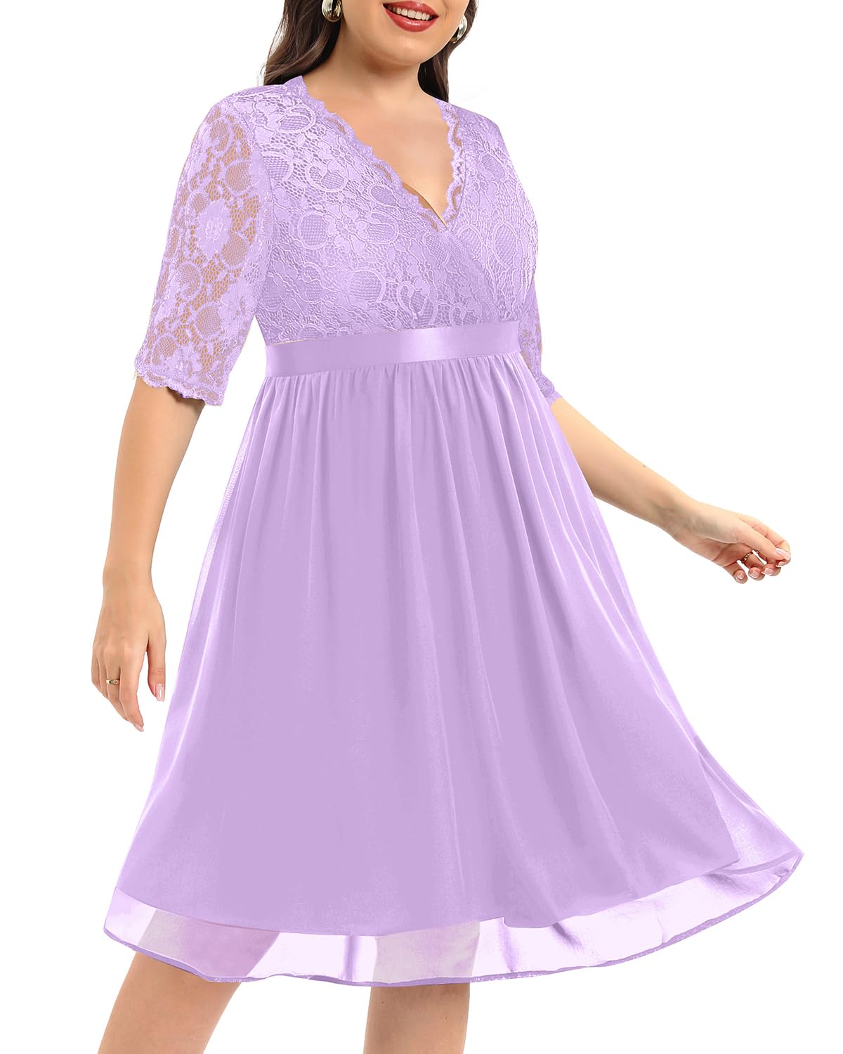 Plus Size Lace Chiffon Wrap V-Neck Cocktail Dress for Women | Elegant Wedding Guest & Party Midi Dress | Perfect for Special Occasions, Date Nights & Formal Events