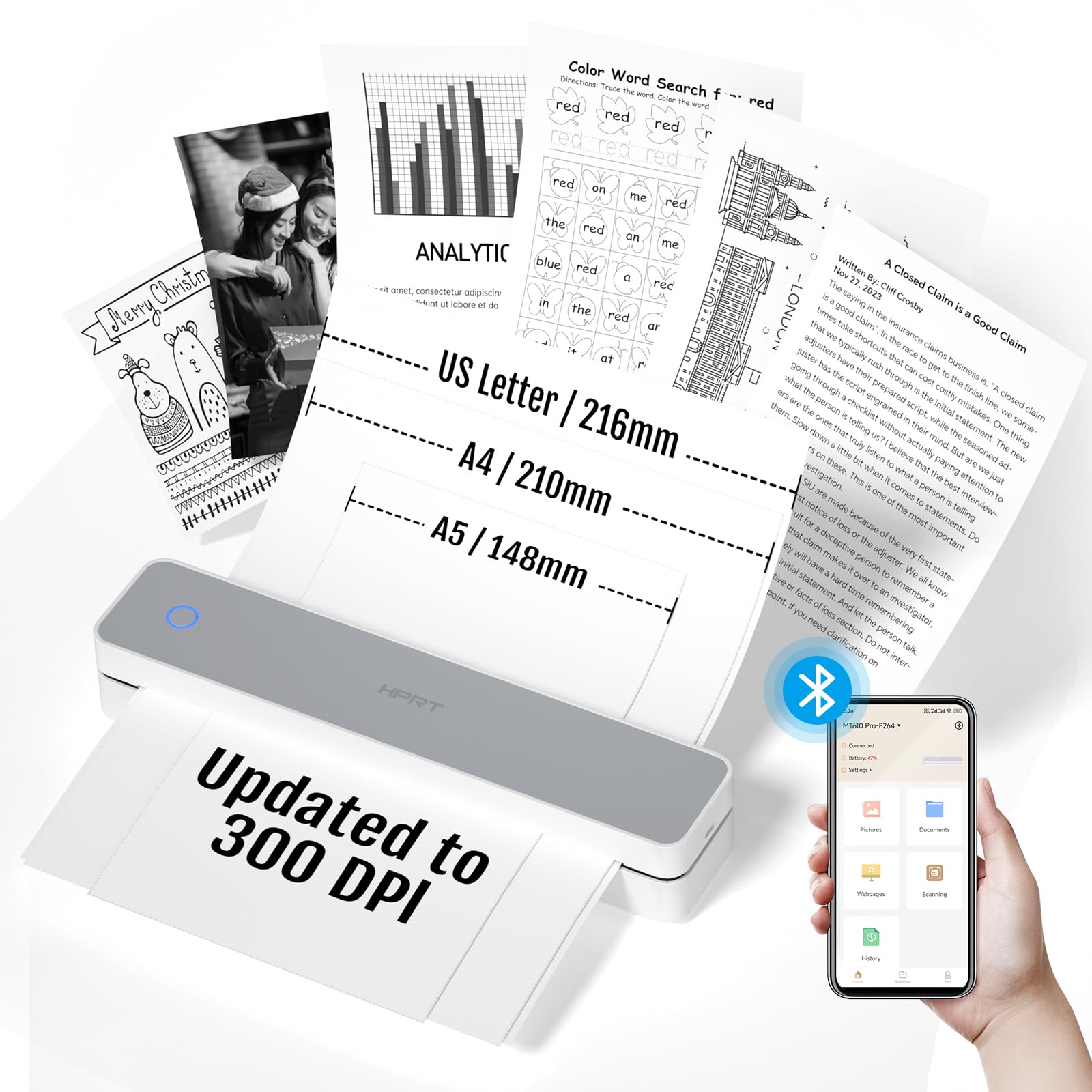 HPRT Wireless Portable Thermal Printer - Bluetooth Inkless Printer for Travel, Office & Home, Supports 8.5x11 US Letter & A4 Paper, Compatible with Android, iOS & Laptop (White) - Perfect for Receipts, Labels, Tickets & On-the-Go Printing