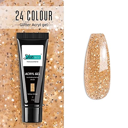 Builder Gel for Nails - 24 Colors Acrylic Gel Kit with Jelly Crystal Nail Art Glue for Quick Extensions (Yellow Glitter) - Perfect for Salon, DIY Manicures & Nail Art Designs