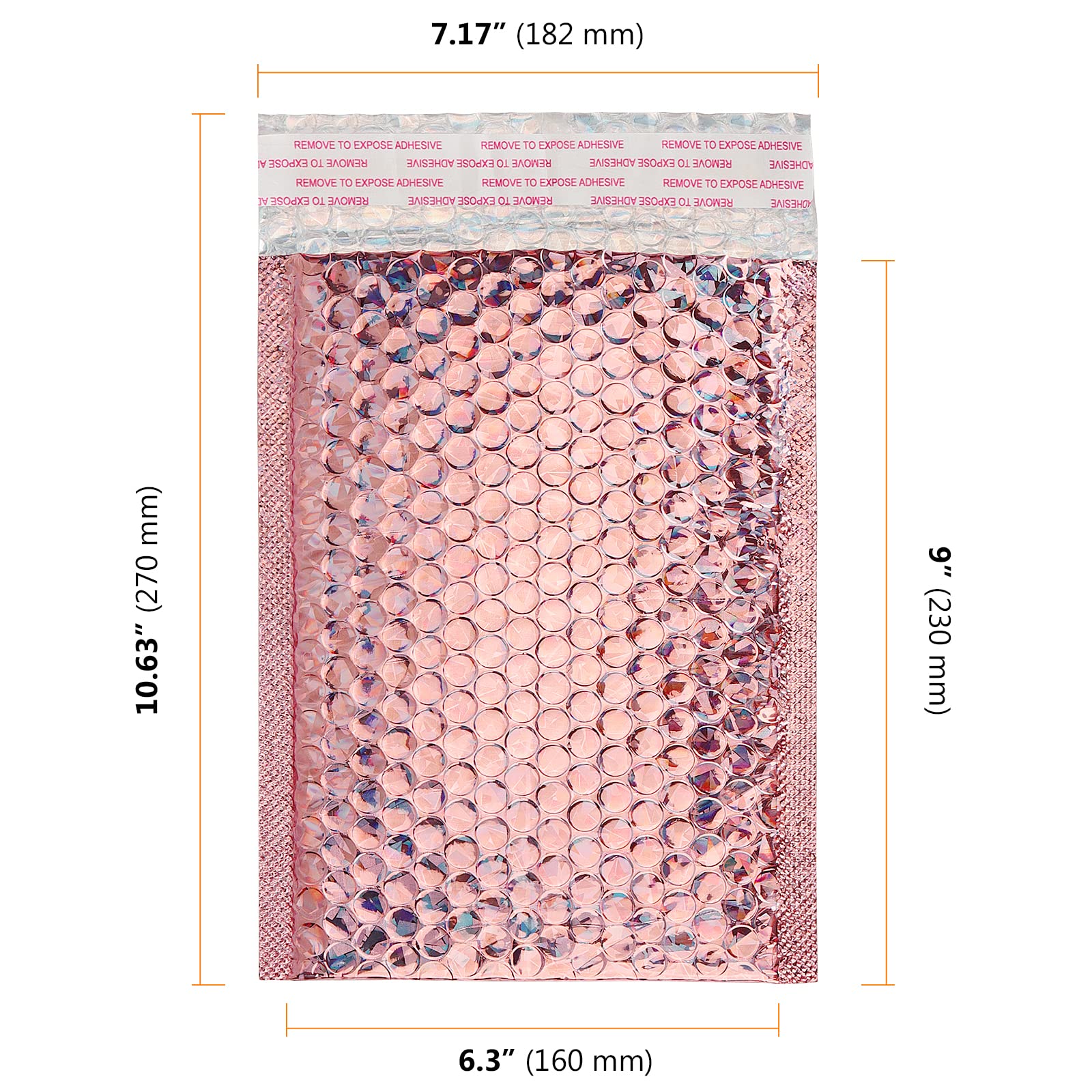 SEUNMUK 50 Pack Rose Gold Holographic Bubble Mailers 11x7 Inch - Self-Sealing Padded Shipping Envelopes for Ecommerce, Jewelry, Small Items | Waterproof Protective Packaging for Online Stores, Gifts, Returns