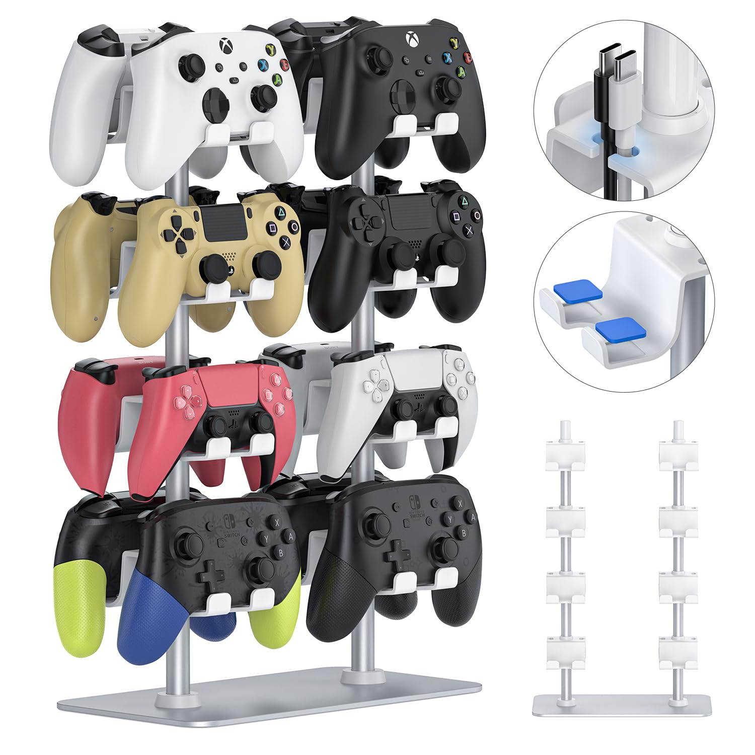 Premium Gaming Controller Holder Stand for PS5, PS4, Nintendo Switch & Xbox - 16 Controller Capacity with Aluminum Base & Headset Stand - Perfect for Game Room Organization & Multiplayer Gaming Sessions
