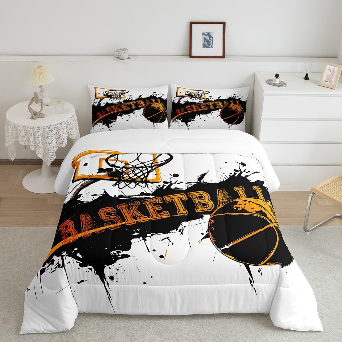 Basketball Comforter Set Queen Size - Sports Themed Bedding for Boys, Kids & Adults - Black Graffiti Design with 1 Comforter & 2 Pillowcases - Lightweight, Warm & Soft - Perfect for Sports Lovers' Bedroom, Gaming Room Decor or Dorm Room Essentials