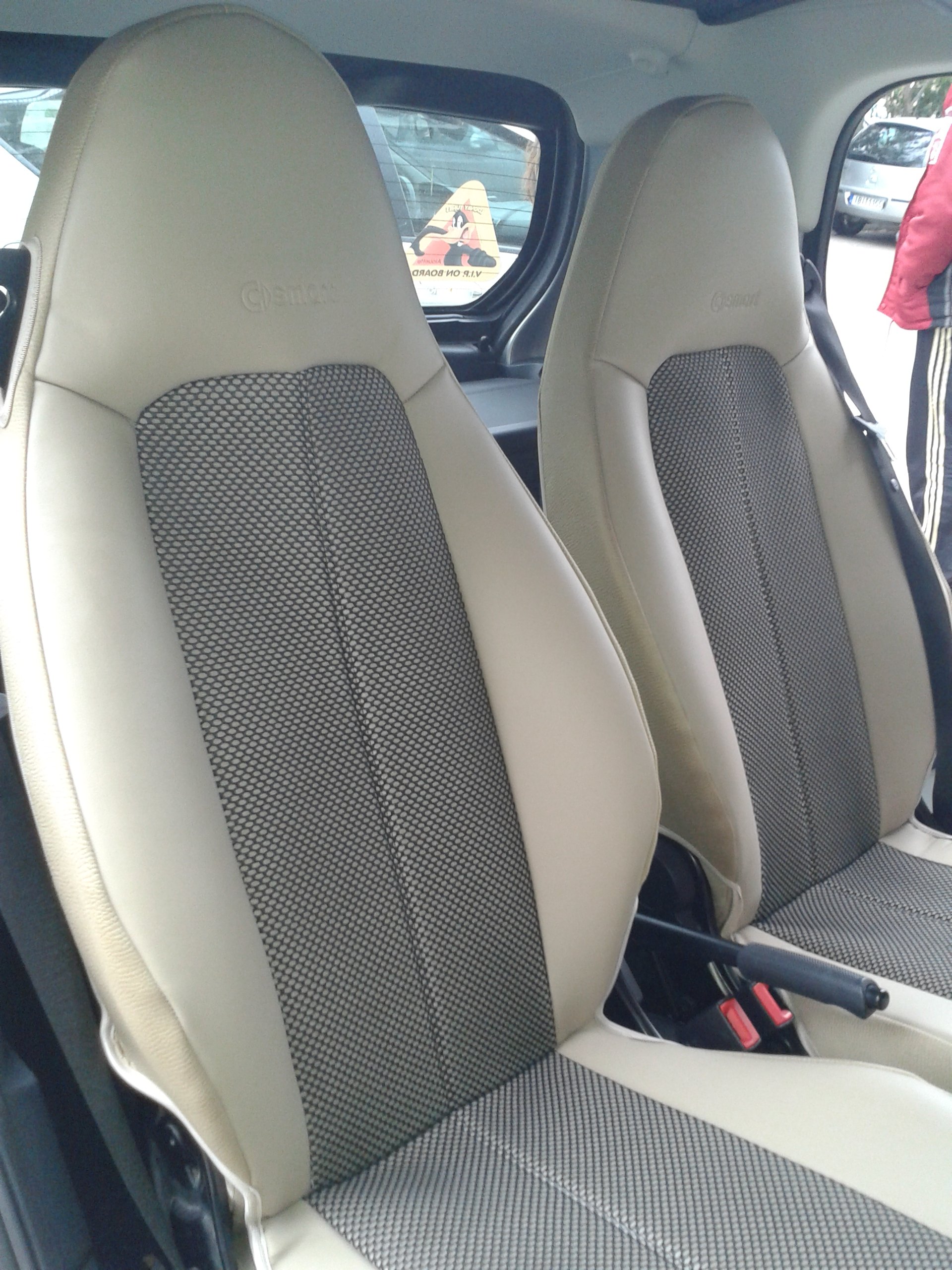 Custom Fit Smart Fortwo 2015-453 Leatherette & Two-Tone Synthetic Fishnet Car Seat Covers with Side Belt Clip - Beige/Black | Premium Protection & Comfort for Daily Commute, Road Trips & City Driving
