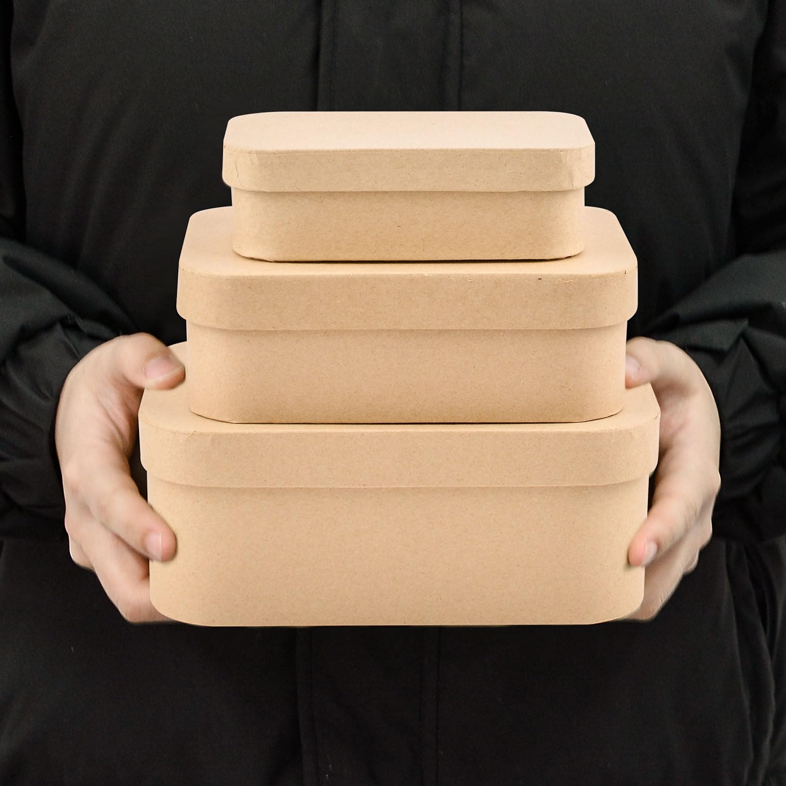 WANDIC Set of 3 Kraft Paper Mache Storage Boxes - Rectangular Hat Boxes with Rounded Corners for DIY Painting, Crafting, Jewelry & Cosmetics Organization | Perfect for Home Decor, Gift Wrapping & Wedding Favors
