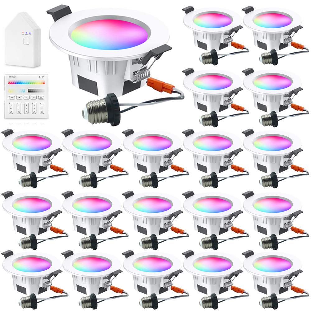 FVTLED Smart LED Downlight Kit - 20 Pack WiFi & Bluetooth 5W Dimmable RGBWC Recessed Ceiling Lights with Touchscreen Switch & BT Mesh Bridge | Perfect for Home Theater, Bedroom Mood Lighting & Smart Home Automation