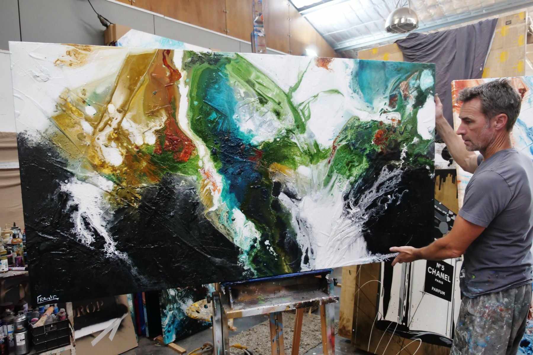 190cm x 100cm Green Black Textured Abstract Seeded Potion Painting - Modern Wall Art for Living Room, Bedroom & Office Decor