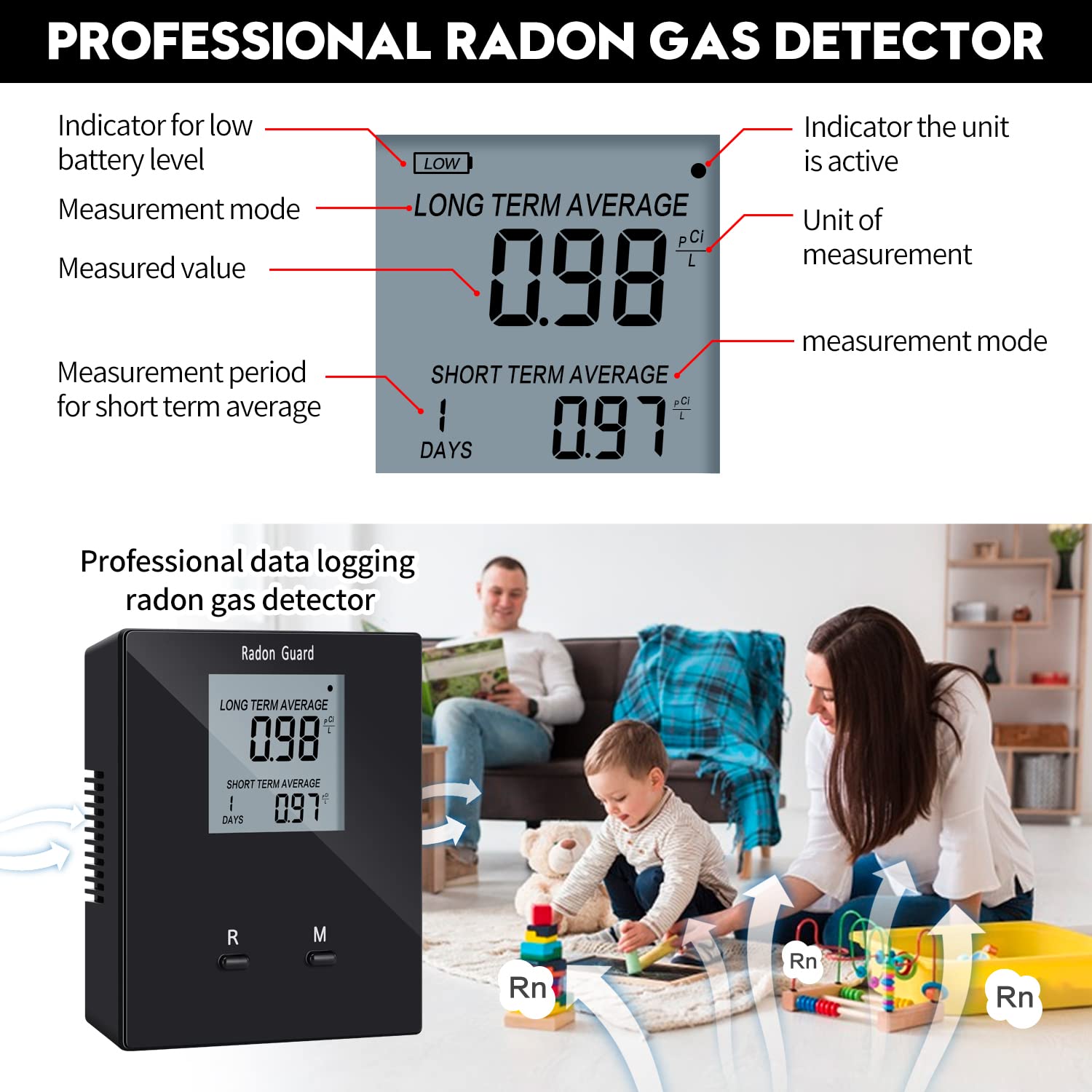 Portable Home Radon Detector & Tester - Long/Short Term Radon Gas Monitor with Rechargeable Battery - Black | Prevent Radon Exposure for Safe Indoor Air Quality in Basements, Bedrooms & Living Spaces