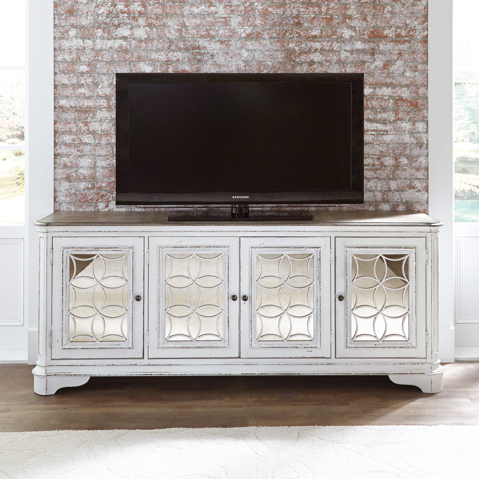 Liberty Furniture INDUSTRIES Magnolia Manor 84 Inch TV Stand Console - Antique White Finish for Living Room, Bedroom & Home Theater Entertainment Centers