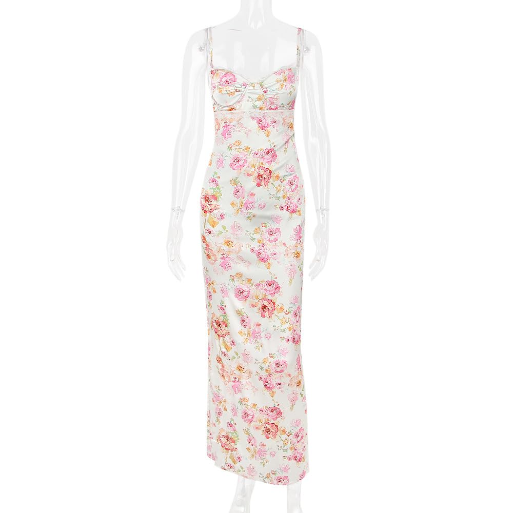 Elegant Floral Satin Maxi Dress for Women - Stretchy Bodycon Formal Gown - Perfect for Weddings, Parties & Special Occasions