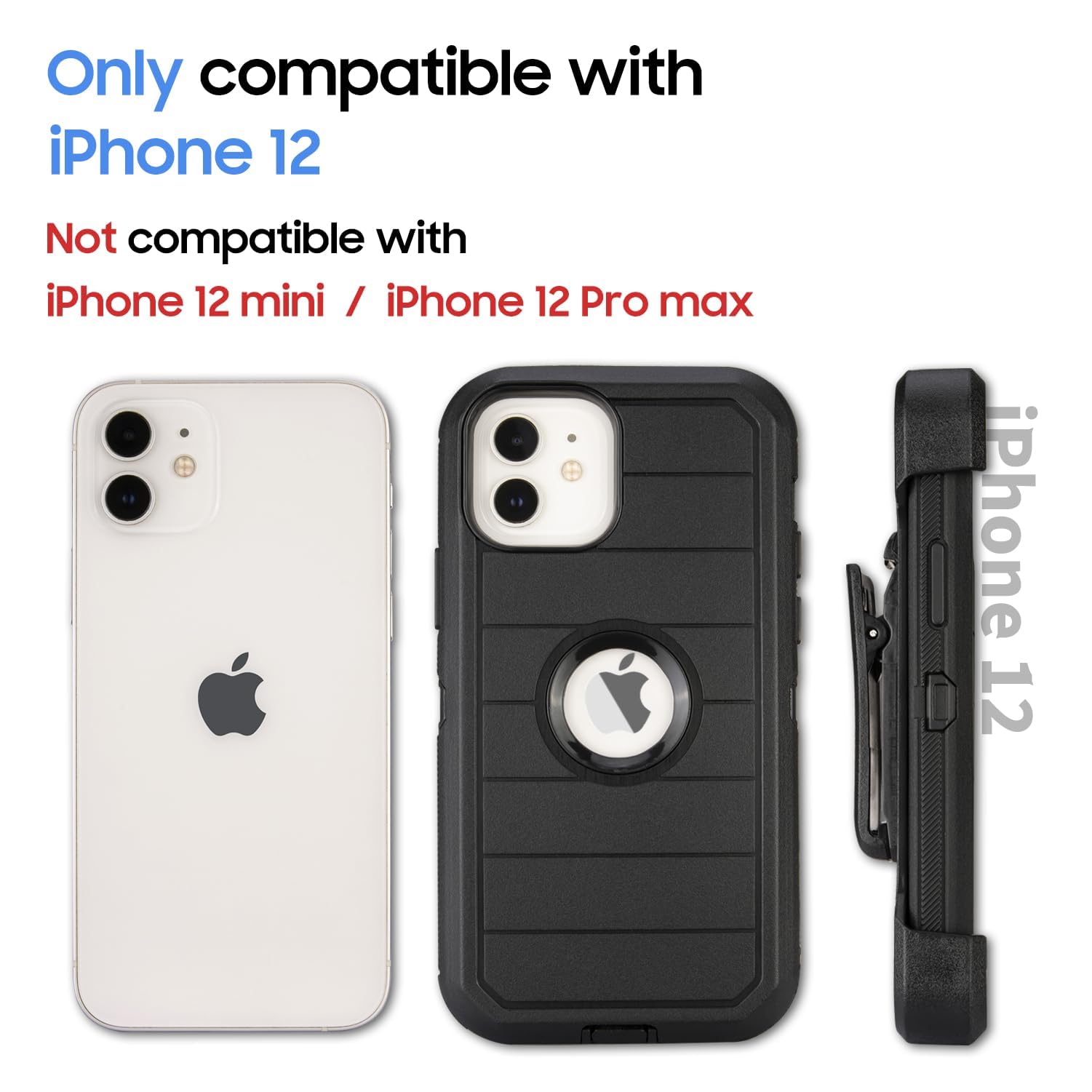 Rugged Heavy Duty iPhone 12 Case with Clip & Kickstand - 2-Layer Protective Full Body Cover for Defender Holster (Black) | Perfect for Outdoor Adventures, Construction Work & Active Lifestyles