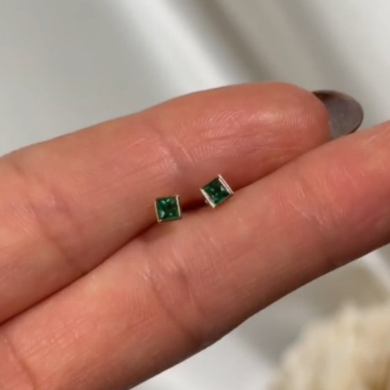 14K Yellow Gold Princess Cut Emerald Stud Earrings - Bezel Set Flat Back for Sensitive Ears - Perfect for Weddings, Parties & Everyday Elegant Wear